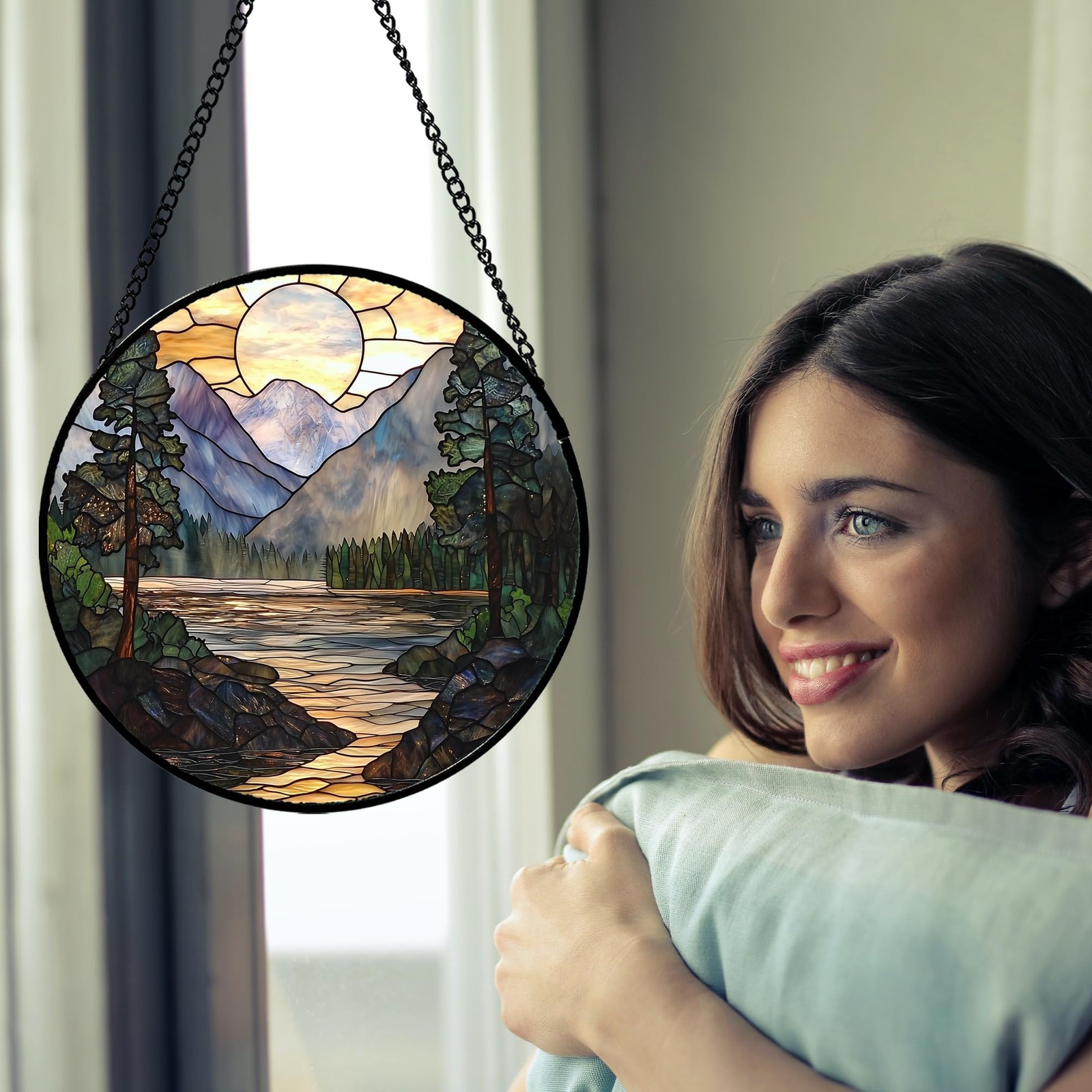 7 8in Stained Glass Window Hanging Sunset Mountains Lake Tree Suncatcher Home