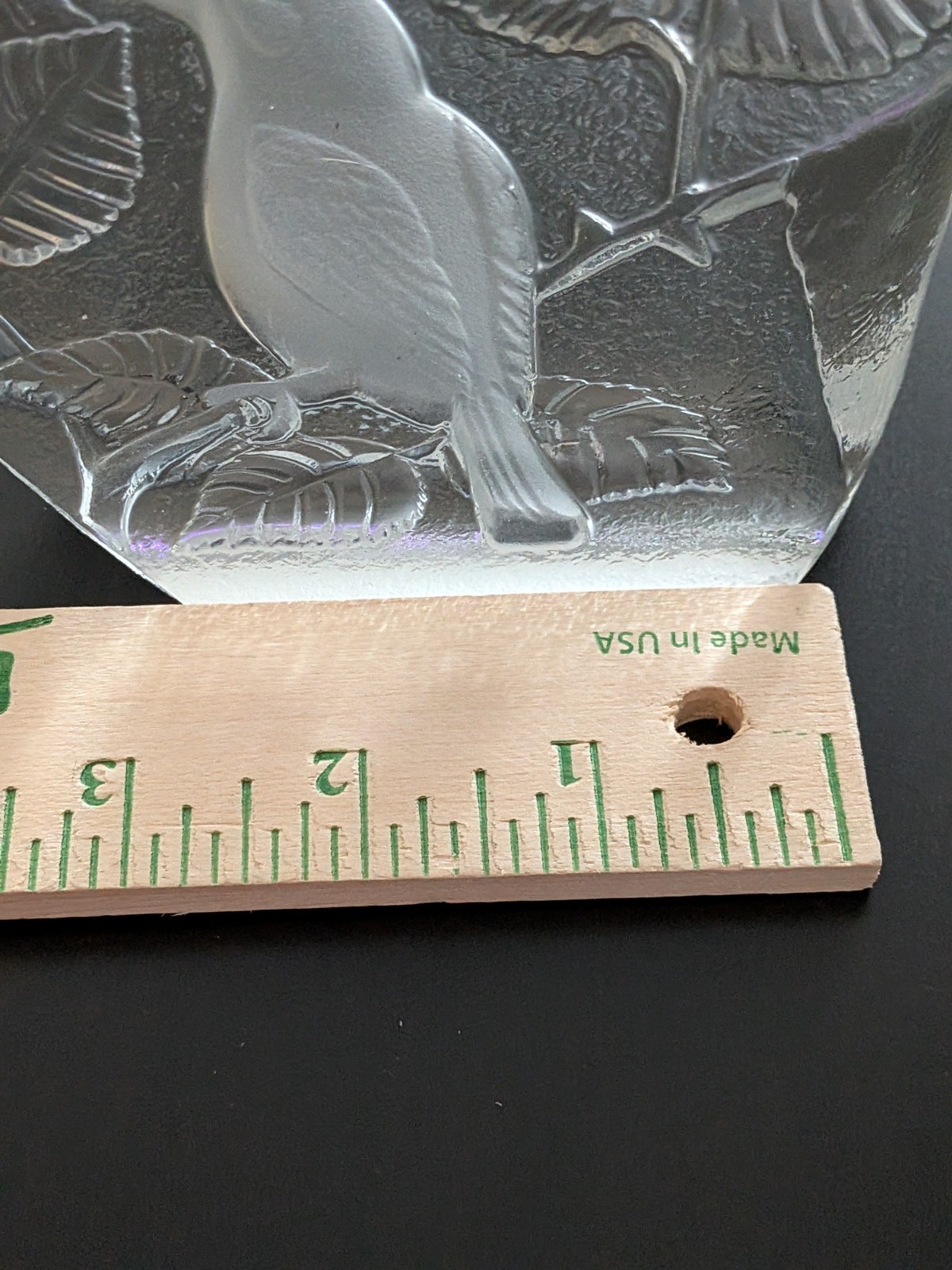 Mid Century Clear Glass Block Etched Bird Paperweight Unsigned 4.5″ Tall