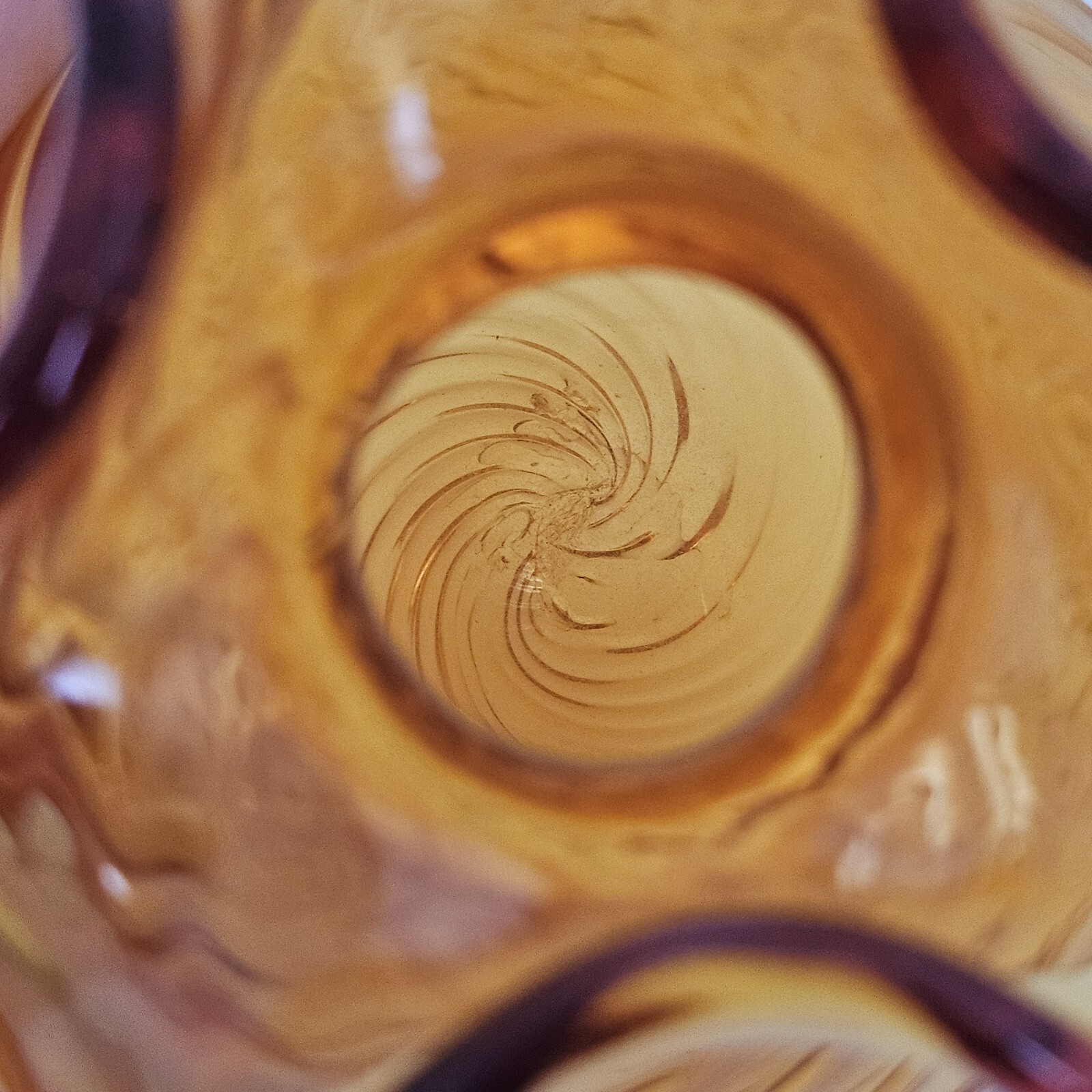 Chalet Art Glass Hand Blown Crystal Glass MCM Ruffled Rim Amber Swirl