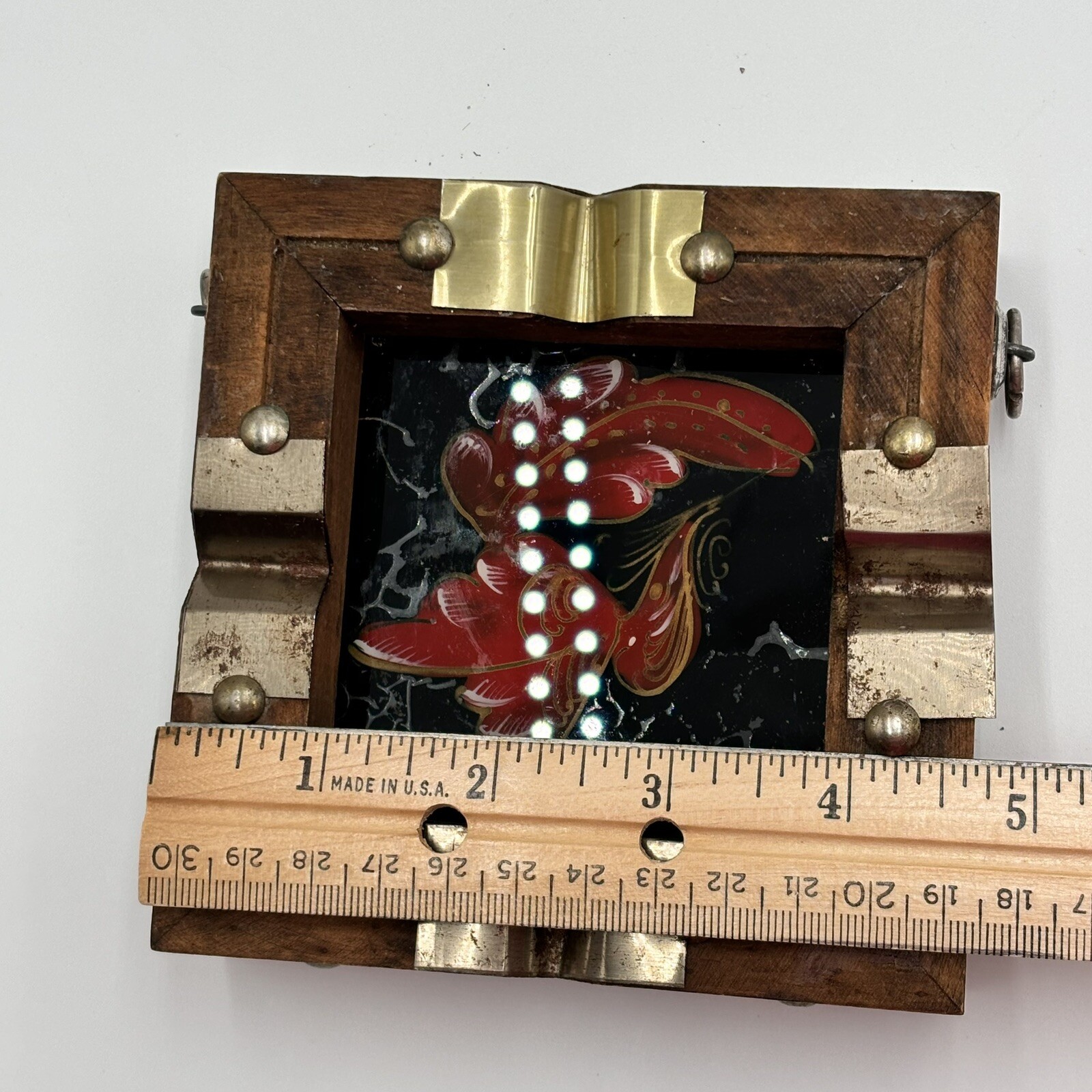 Vintage Handmade Wooden Ashtray Square Metal Accents Glass Firebird 4 3/4”