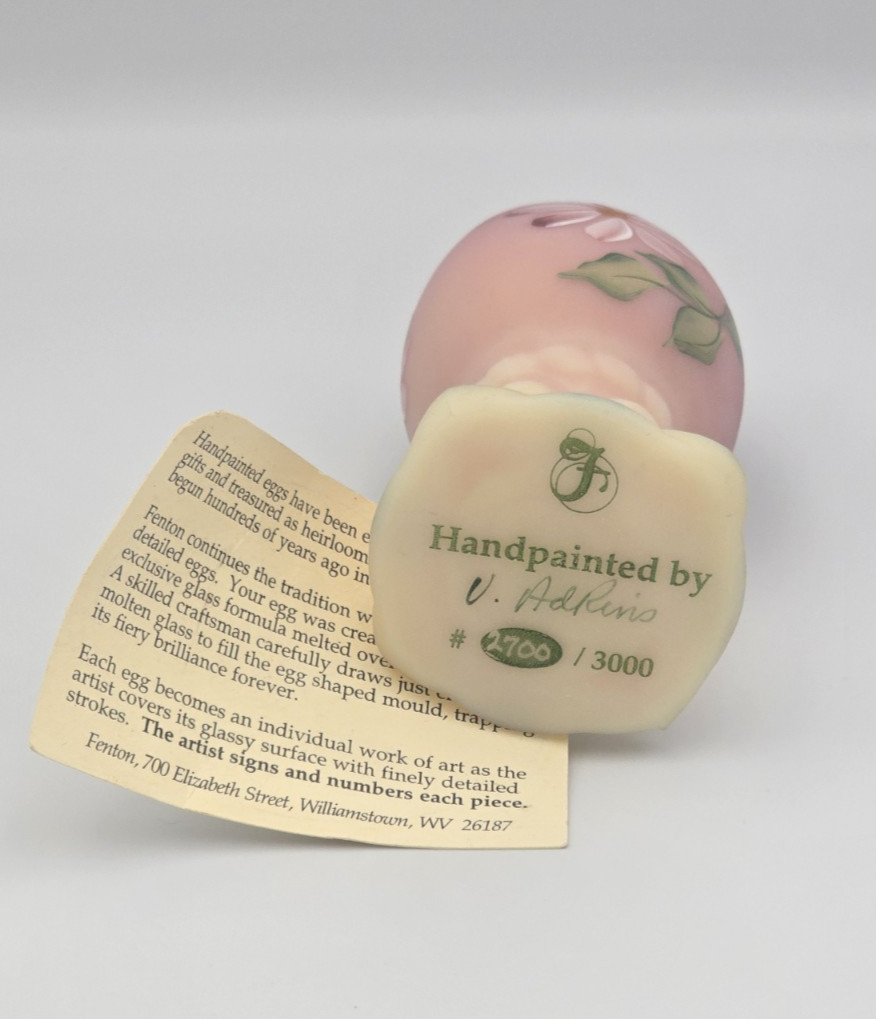 Vintage Fenton Egg Pink Uranium Burmese Flowers Hand Painted Signed 2700/3000