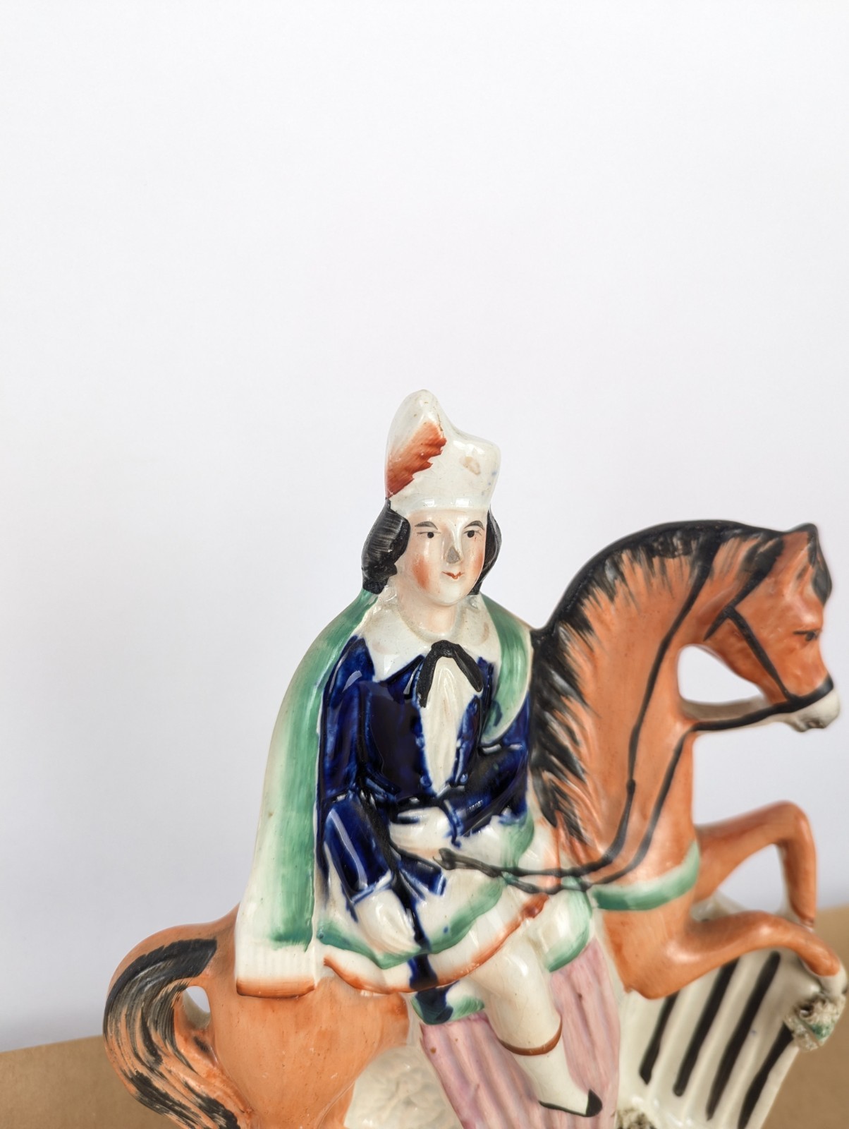 Antique 11″ Victorian Staffordshire Flatback Man on Horse Figurine Pottery