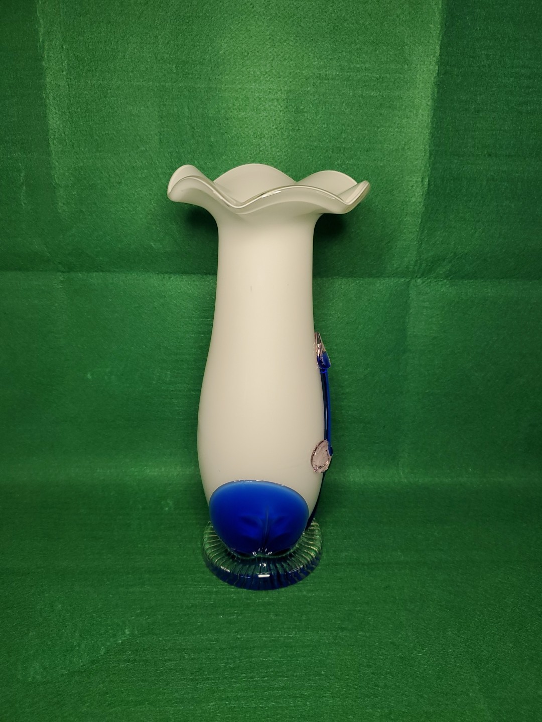 Vintage Murano Style Hand Blown Blue White Swirl Ruffled Rim Art Glass Vase 11”
