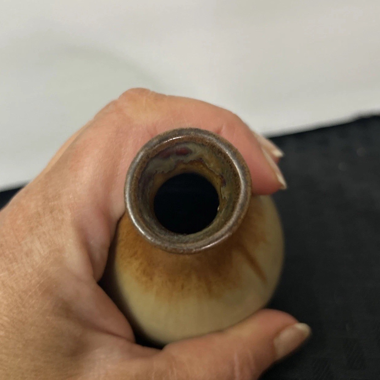 Art Pottery Clay Bud Vase Brown Top & Tan Base Glazed 4 1/2”