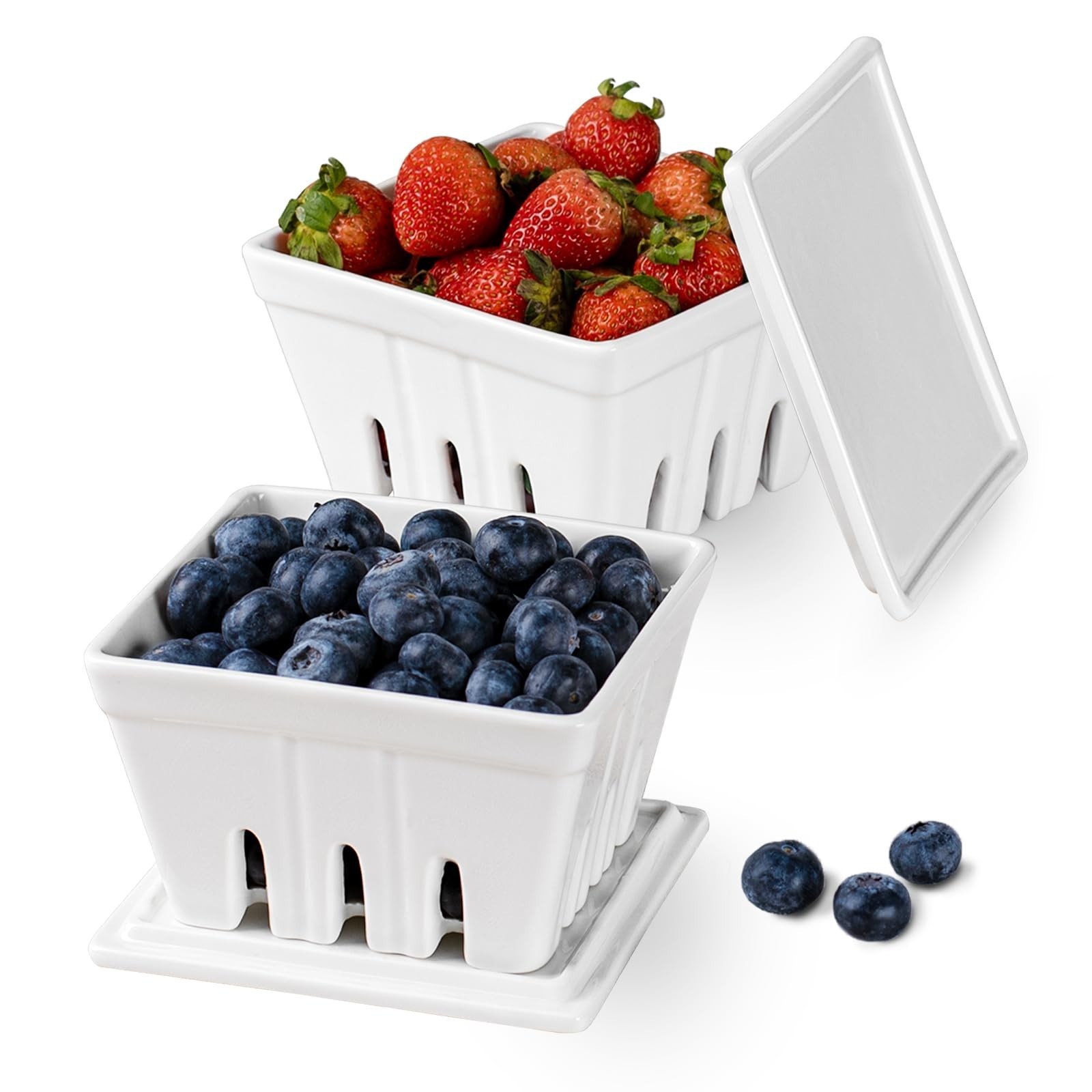Ceramic Berry Basket Set of 2 with Lids, 5-Inch Fruit Bowls for Strawberries, Gr