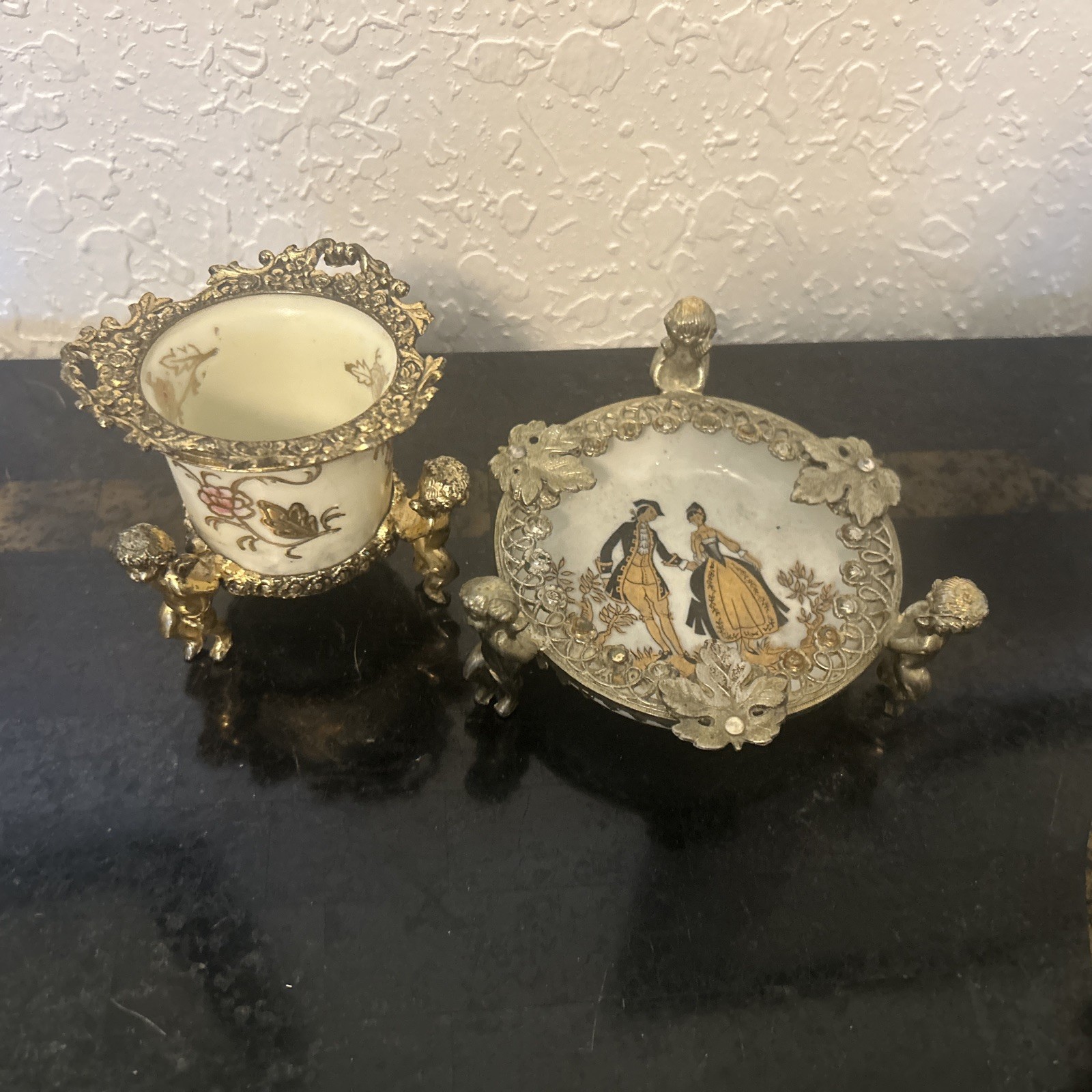 Antique Porcelain Germany Kalk Crossed Arrows Mark Bronze cup & Ashtray Cupids