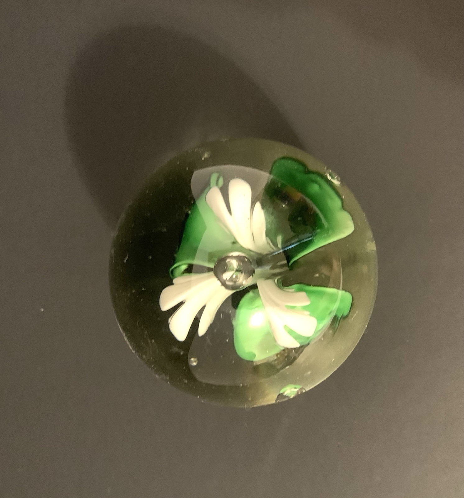 Vintage Hand Blown Art Glass Paperweight Green And White Flowers with Bubble