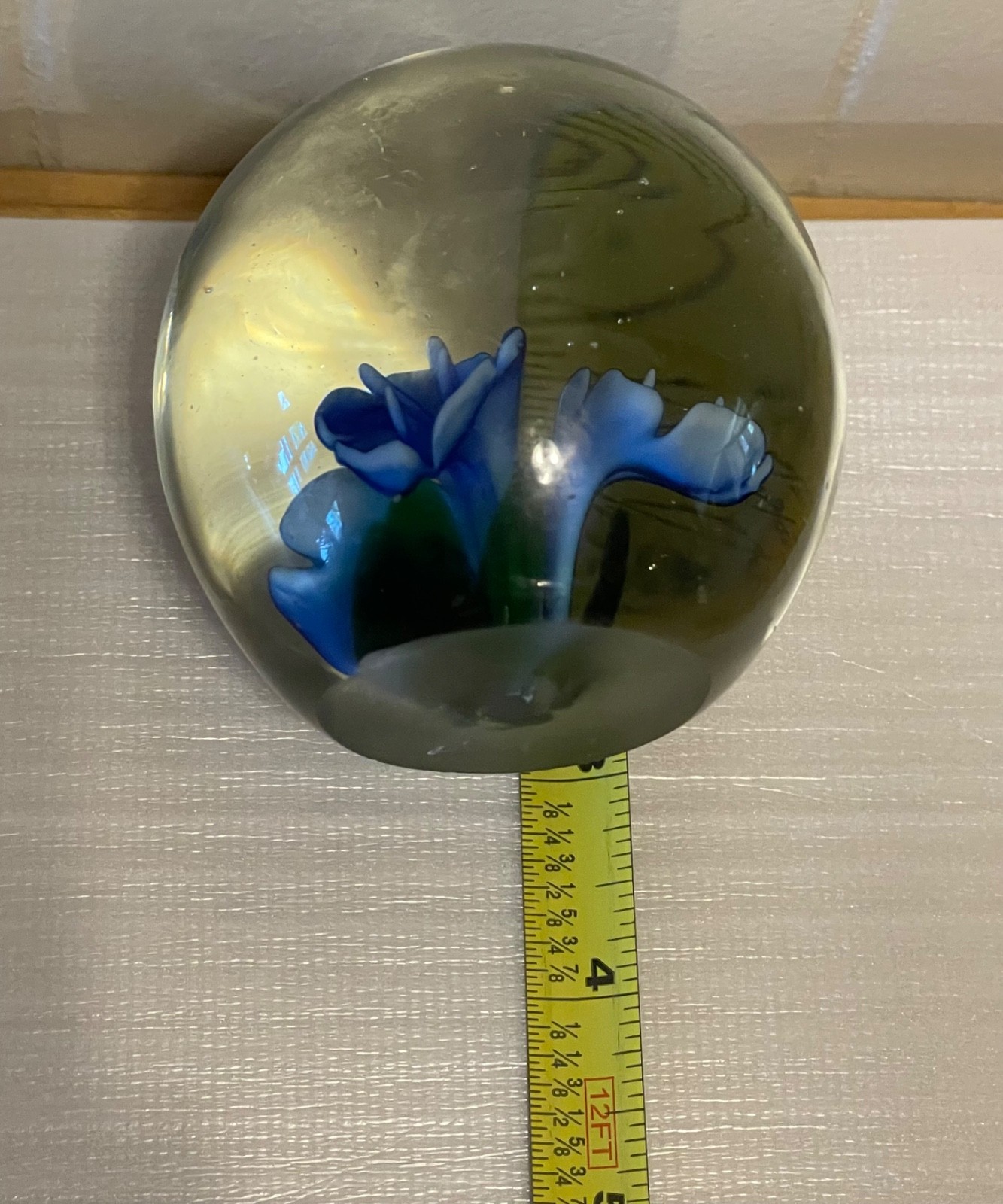 Art Glass Paperweight with Blue Flower Encased in Clear Glass – 3” Vintage