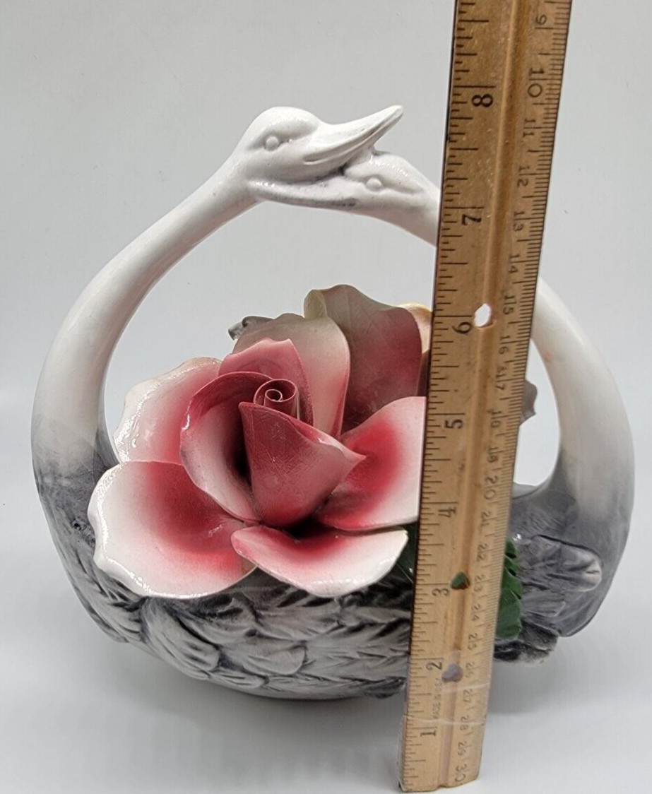 Capodimonte Double Swan with Pink and Yellow Roses from Italy minor imperfection