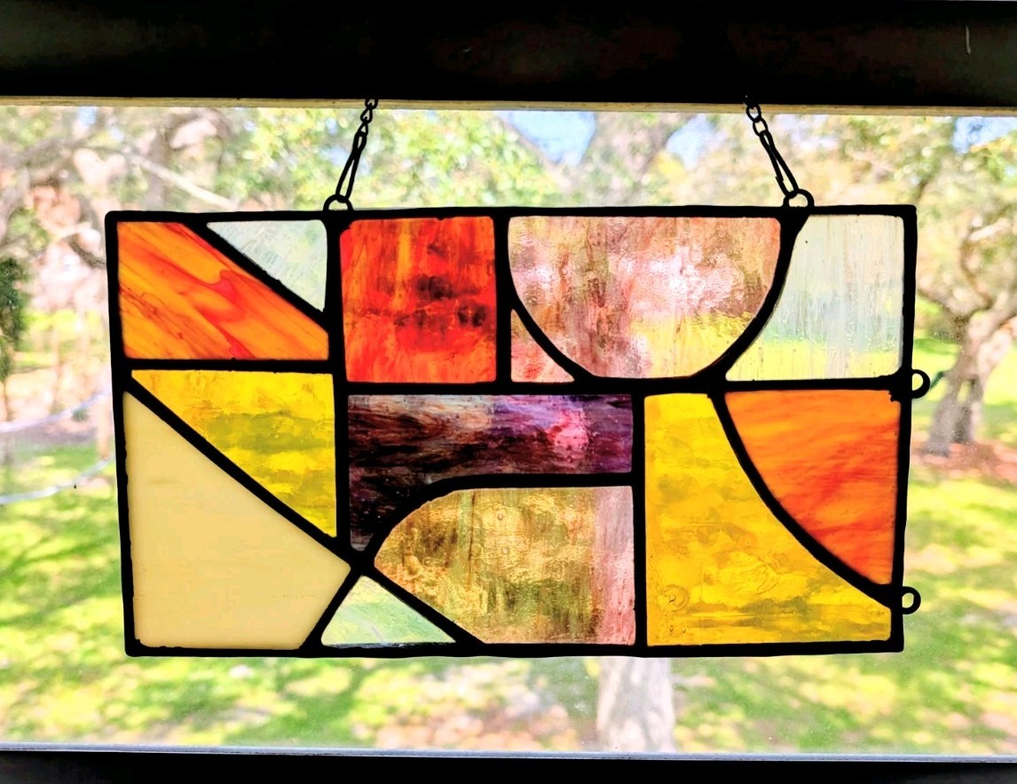 Handmade Stained Glass Abstract Panel, Modern Geometric, Warm Colors, 6W By 11H