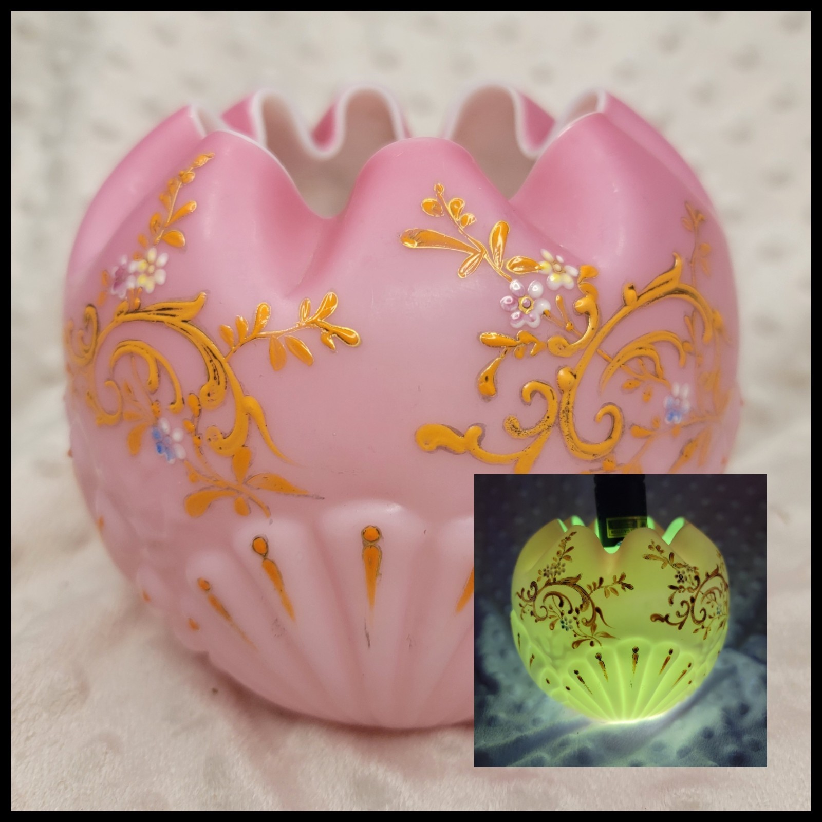 Vintage Consolidated Satin Glass Shell & Seaweed Rose Bowl Vase Pink Ruffled