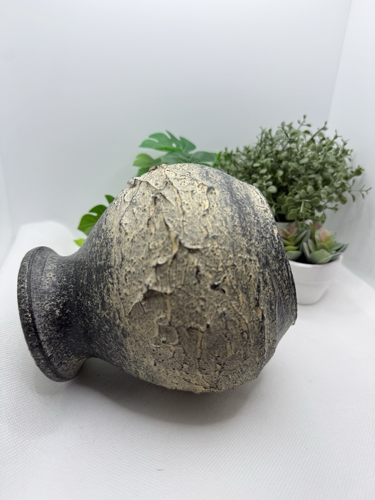 Vintage Hand Thrown Textured Rustic Clay Vase/Planter In Gray And Cream
