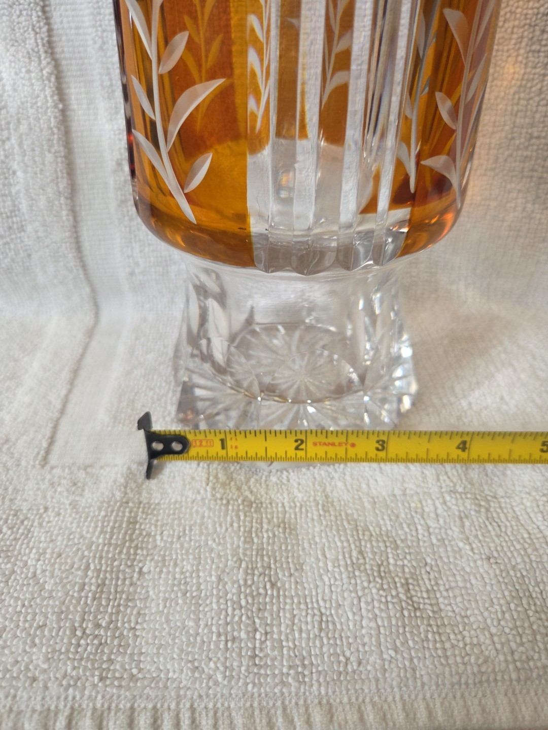 1960’s Huta Szkła Julia Yellow Amber Cut to Clear Crystal Vase Made in Poland