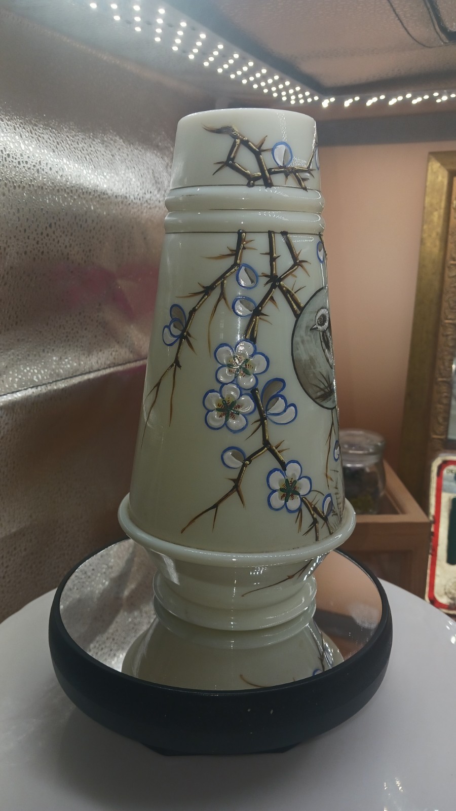 Mt Washington Smith Bros Opalware URANIUM Glass Paint Bird & Blossom Vase