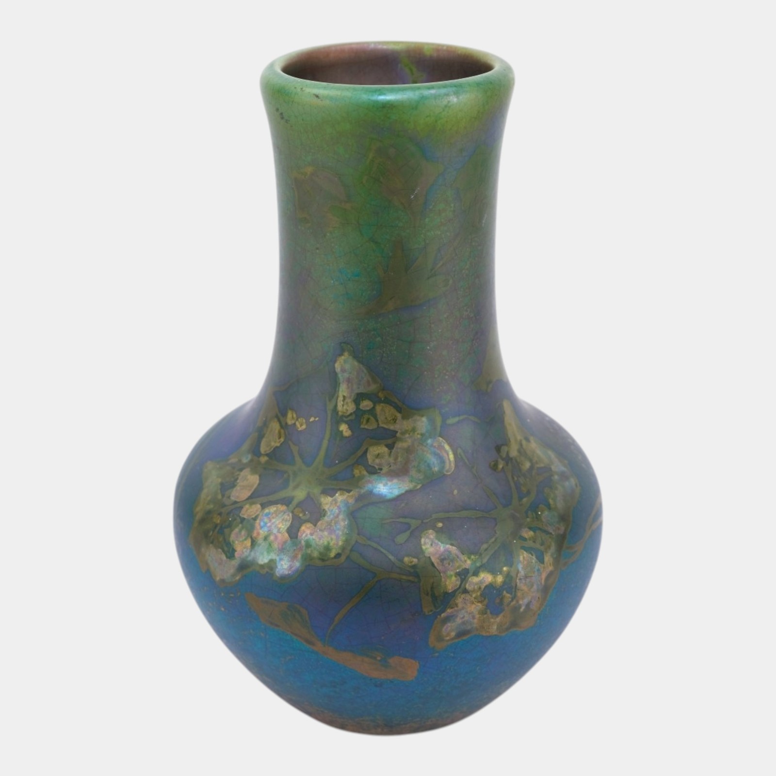 Weller Sicard 1902-07 Art Nouveau Pottery Green Iridescent Luster Floral Vase