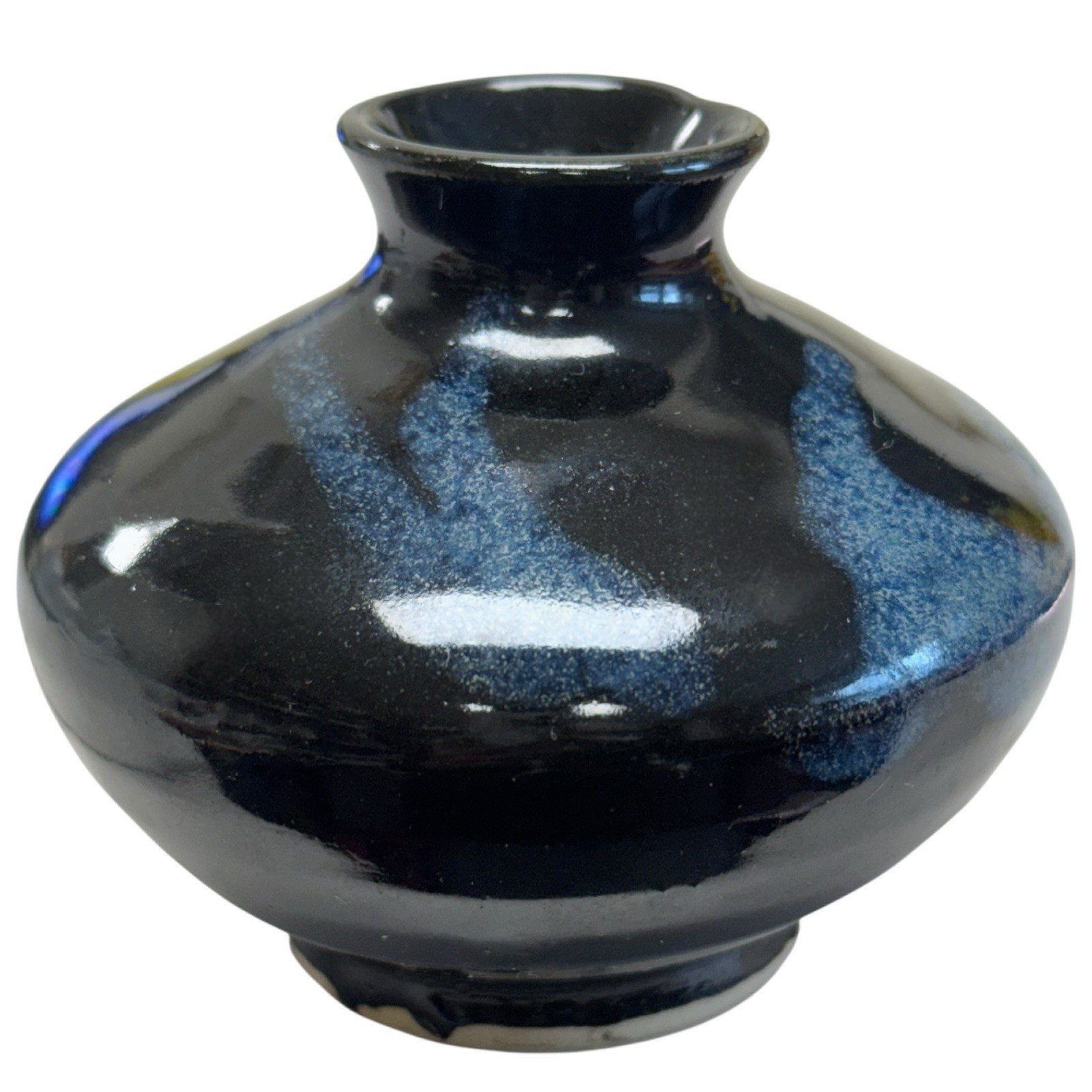 Vintage Hand Thrown Studio Pottery Drip Glaze Vase Black Blue Signed By Artist