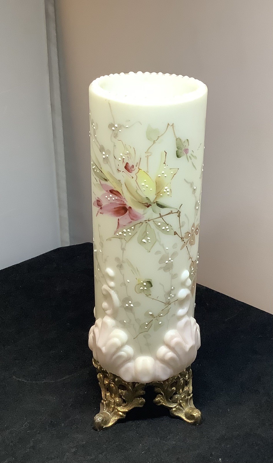 Antique Wavecrest Vase Textured Hand Painted 6 1/4 Inch Column Rose Motif
