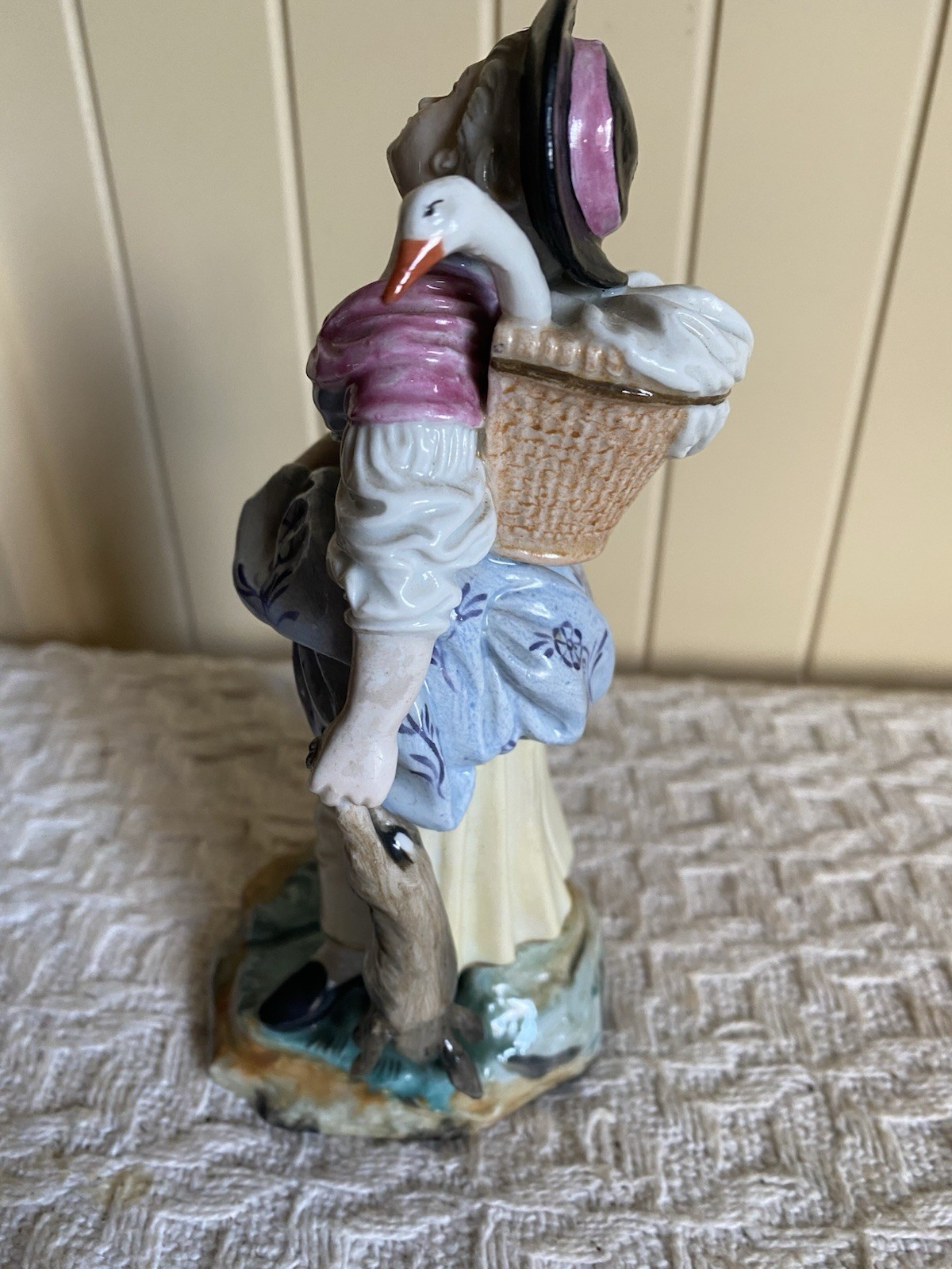 Antique Hochst Porcelain German Peasant Woman w/Goose & Hare Rabbit Figurine