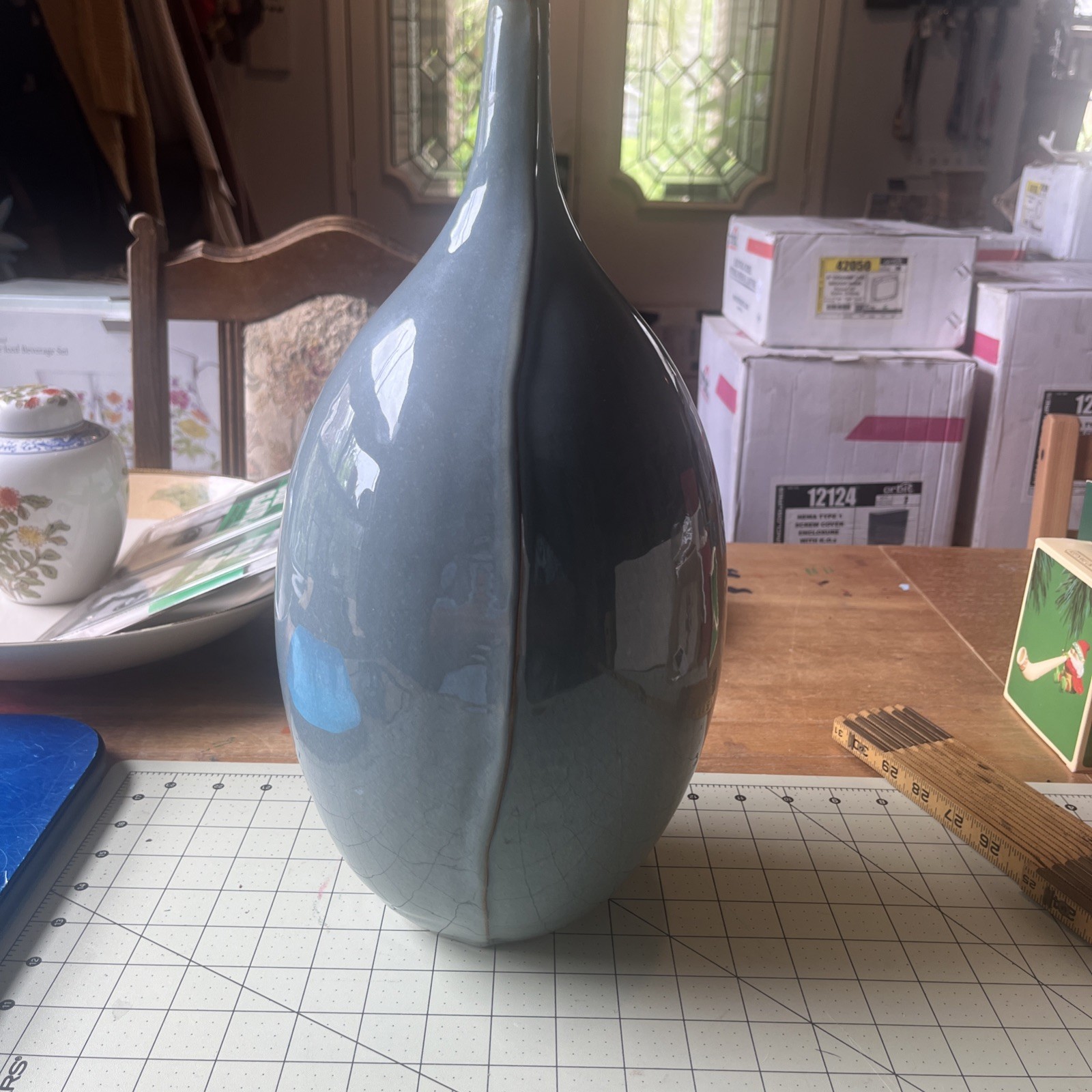 Global Views Milo Ceramic Vase Blue Medium 15.5” Glossy Sculptural Art Modern