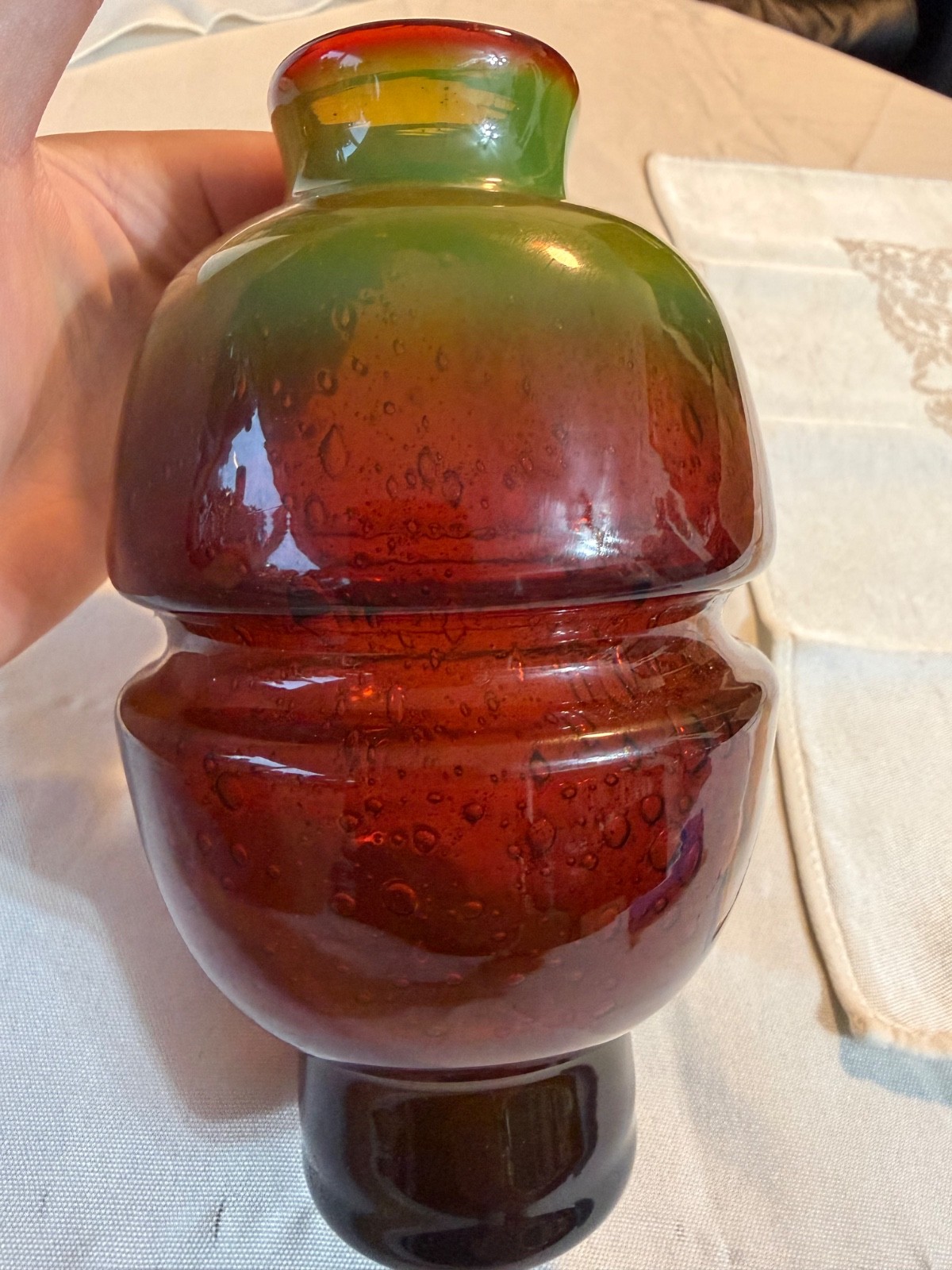 Vintage MCM Art Glass Vase Controlled Bubble Multi Color Tiered Ground Base 7″