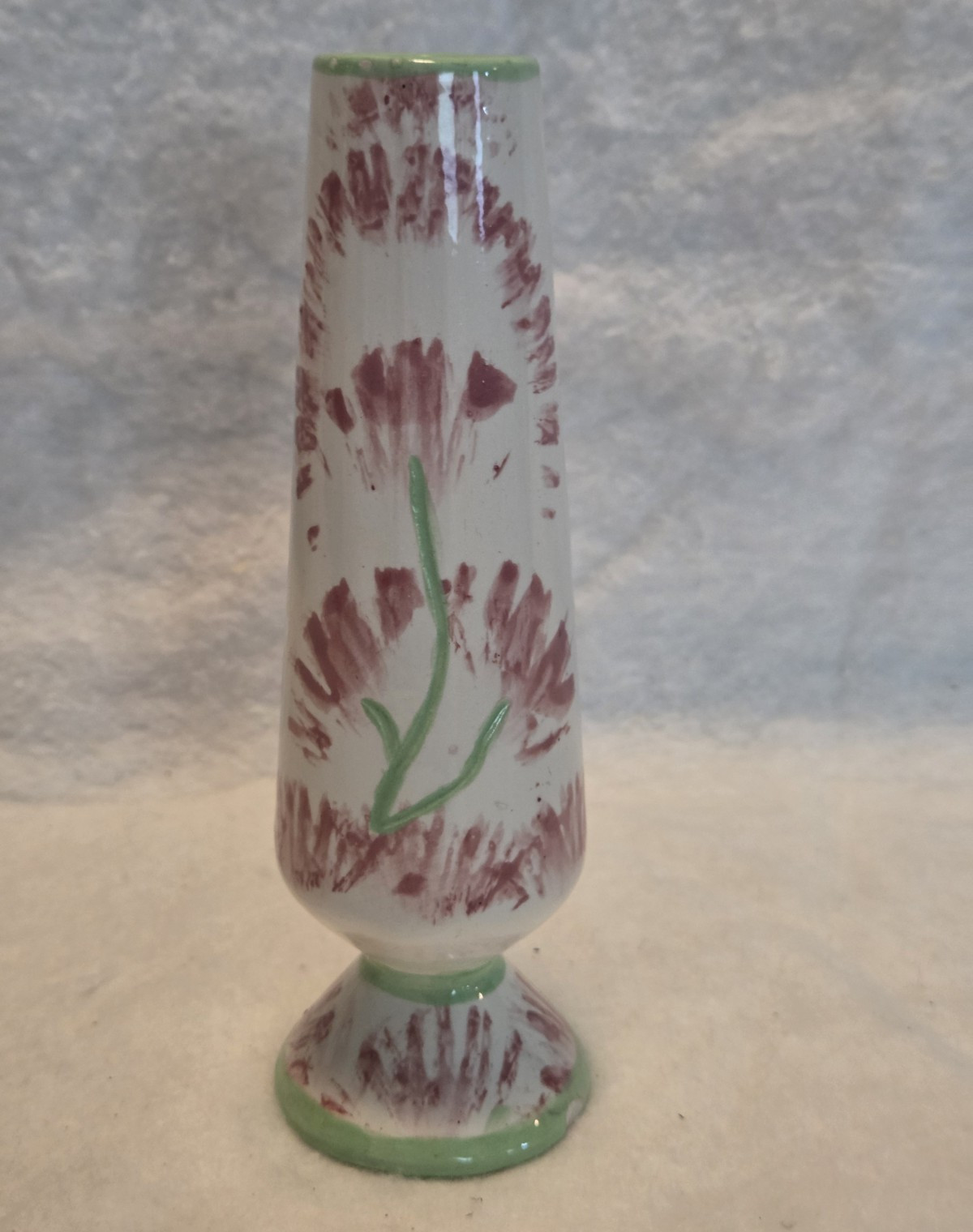 Handmade Hand Painted Ceramic Floral Bud Vase Glossy White Green Purple