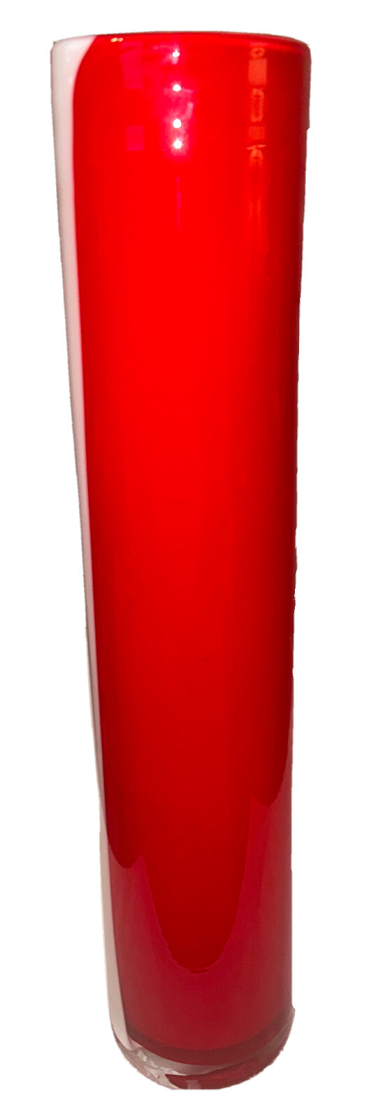 Red Fused Art Glass Cylinder Vase with White Accent Stripe, 15.75” H 3 1/4” dia