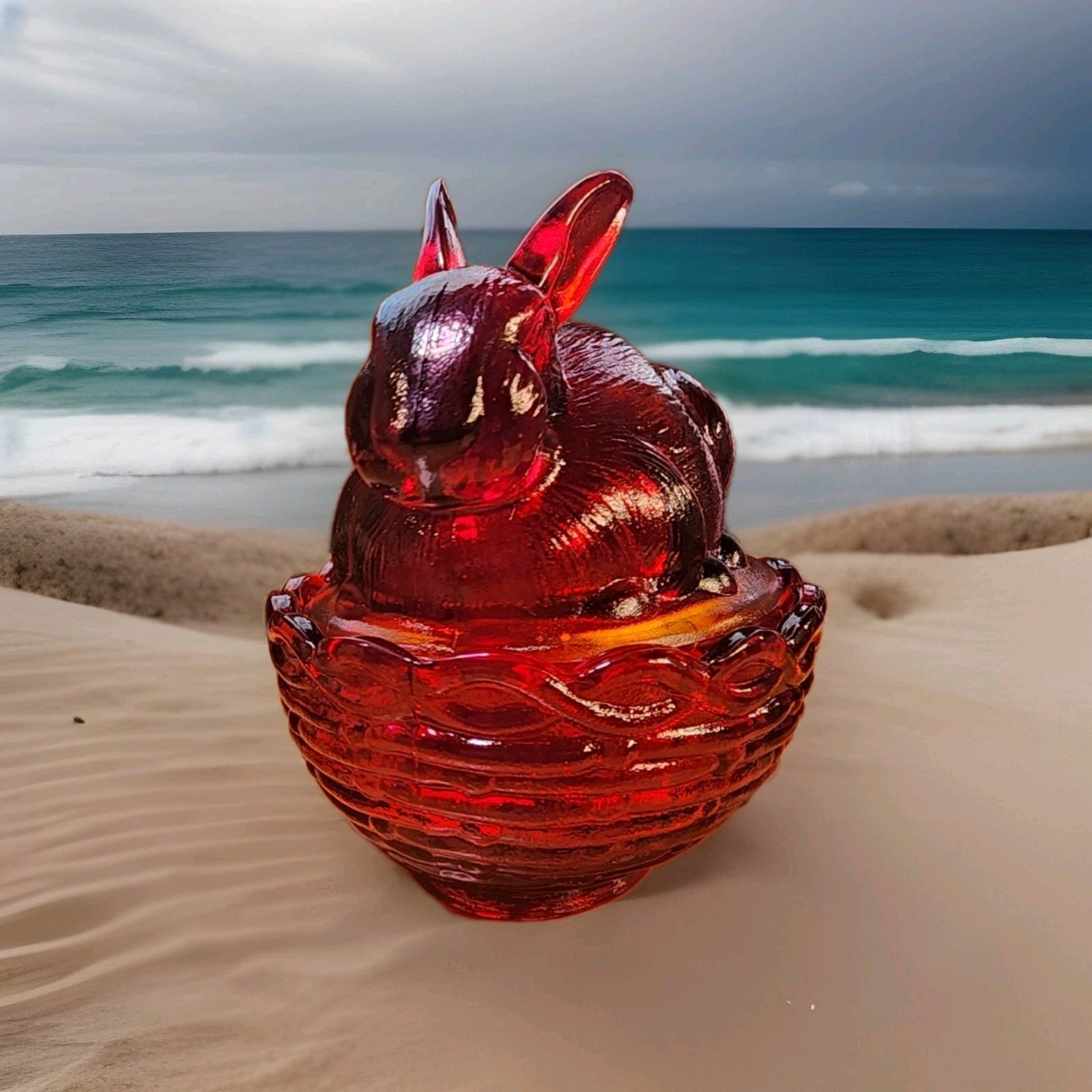 Mosser Ruby Red Covered Glass Bunny On Nest On Nest