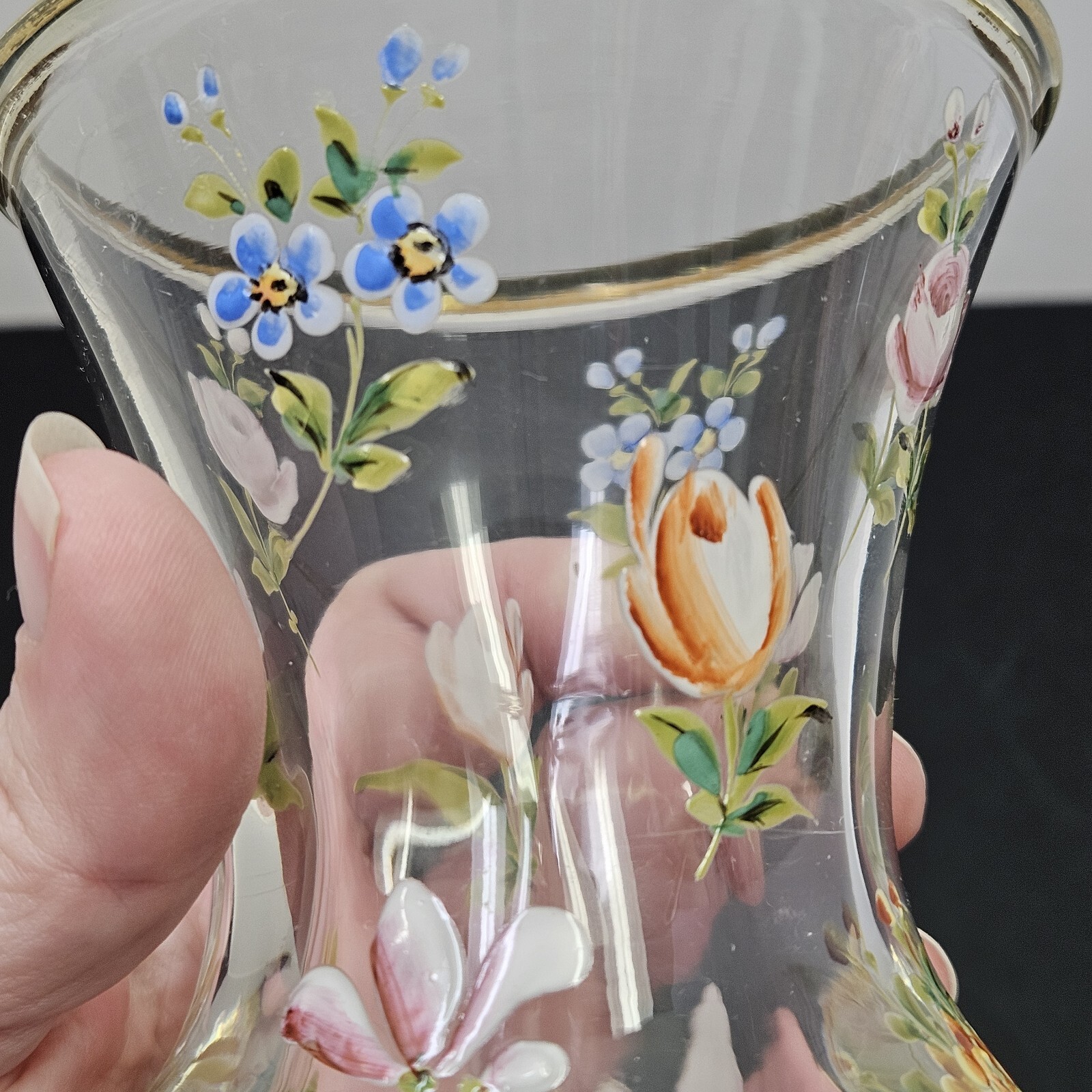 VTG French Style Hand Painted Enamel Flowers Glass Vase Victorian Cottagecore