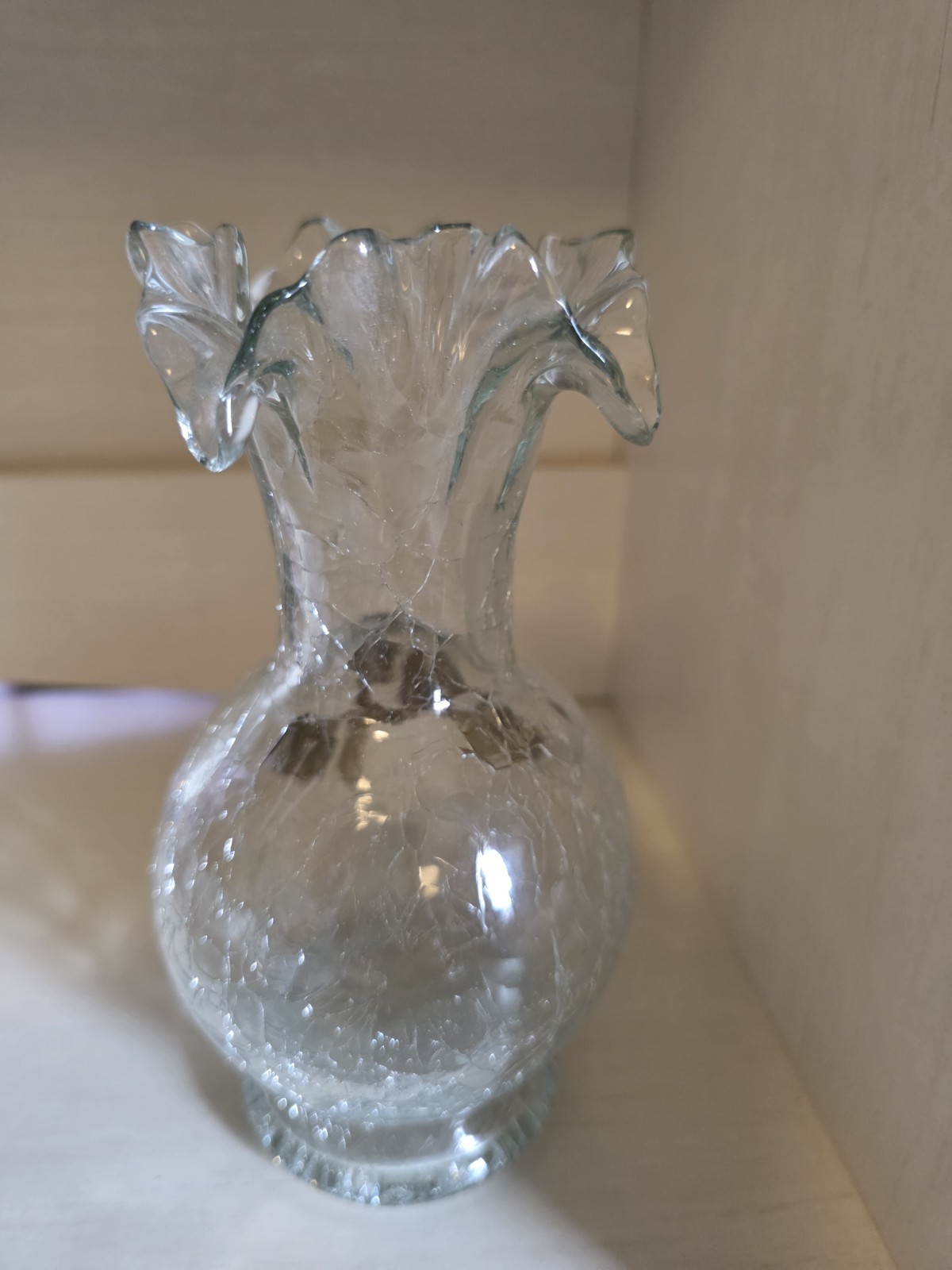Vintage (Fenton?) Crackled Glass Ruffled Clear Glass Vase With Gold Gilding