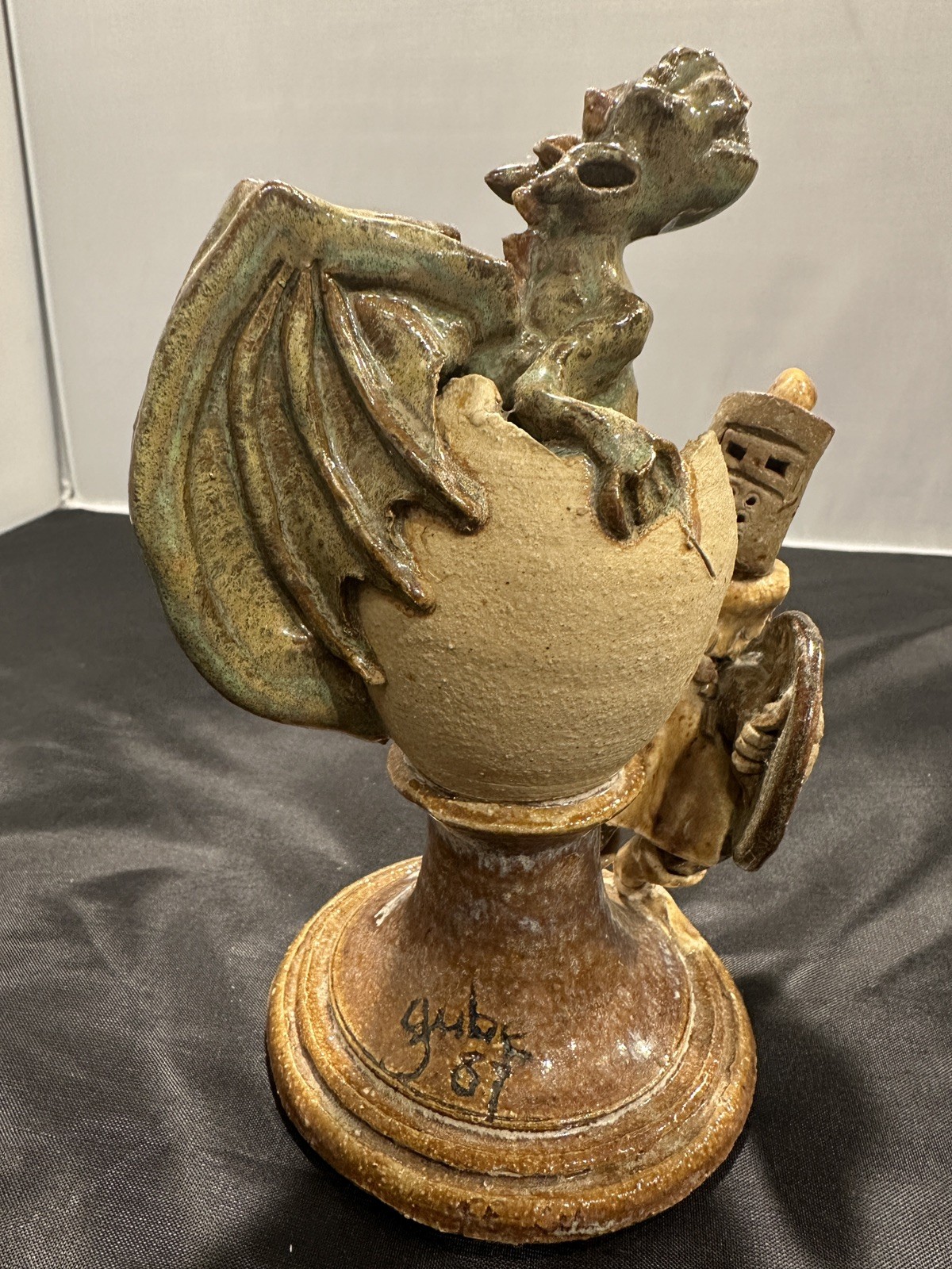 Gube Signed Art Pottery Stoneware Dragon Knight Figurine 1987 Folk Art