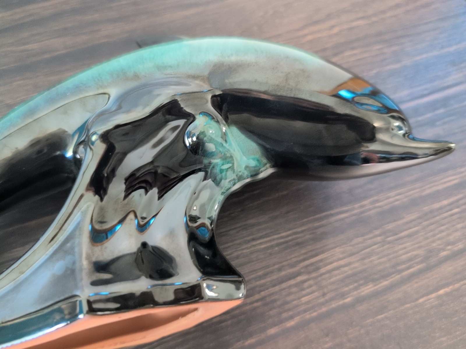 VTG Blue Mountain Pottery Jumping Dolphin Drip Glaze Turquoise Black Waves 12”