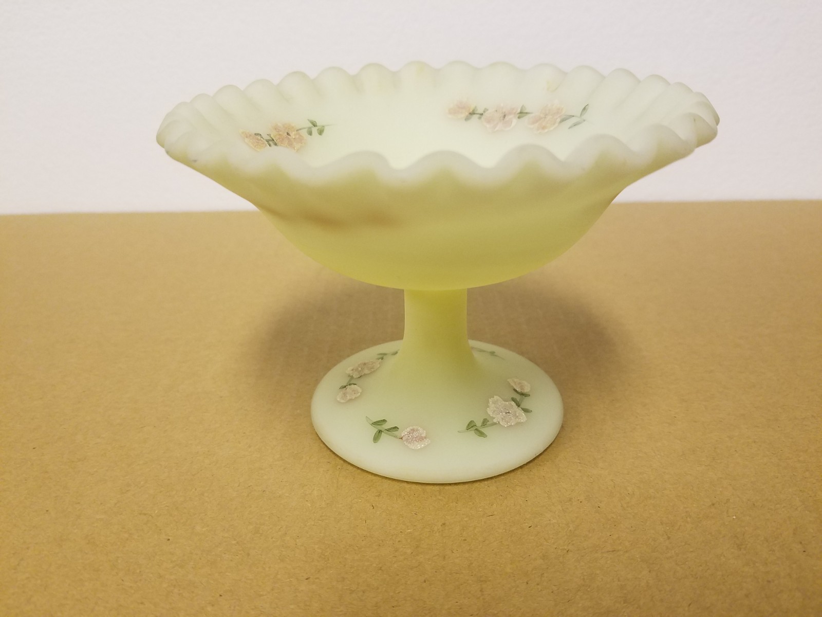 Fenton HP & Signed Custard Glass Compote