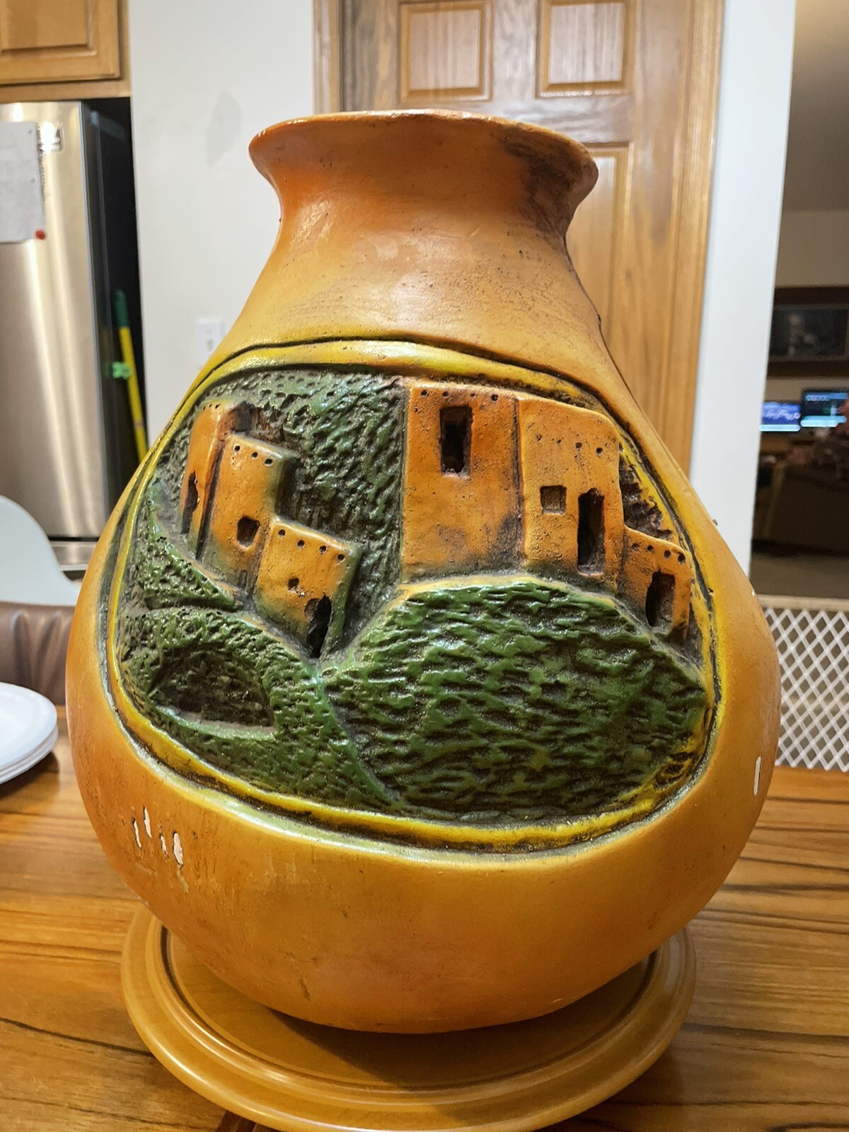 Southwestern Style StrawBerry Ceramic/Clay Pot 3 Hole Handmade Carved/Painted