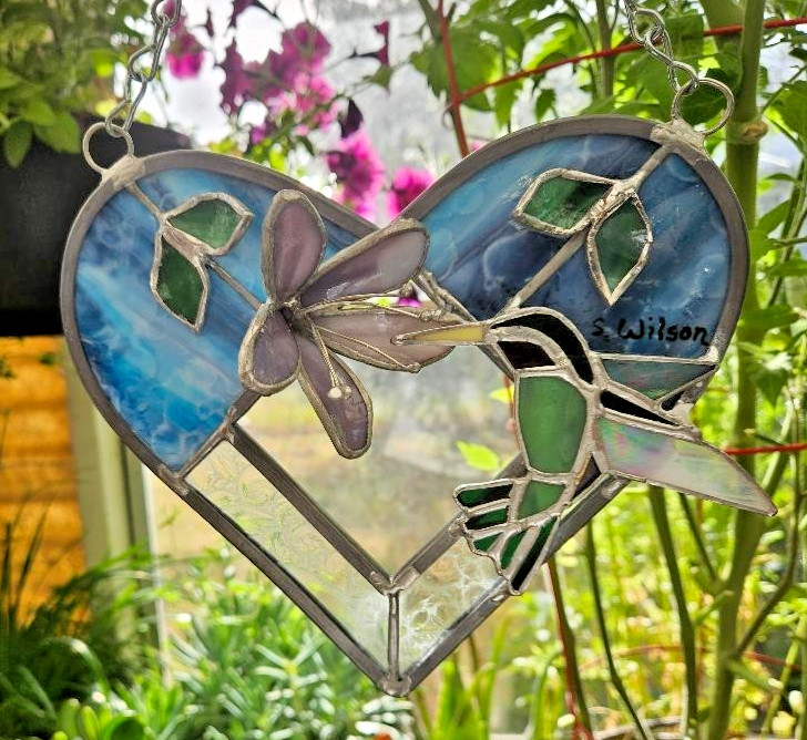 Handcrafted 3 D-Lily Flower/Stained Glass Heart/Hummingbird/New
