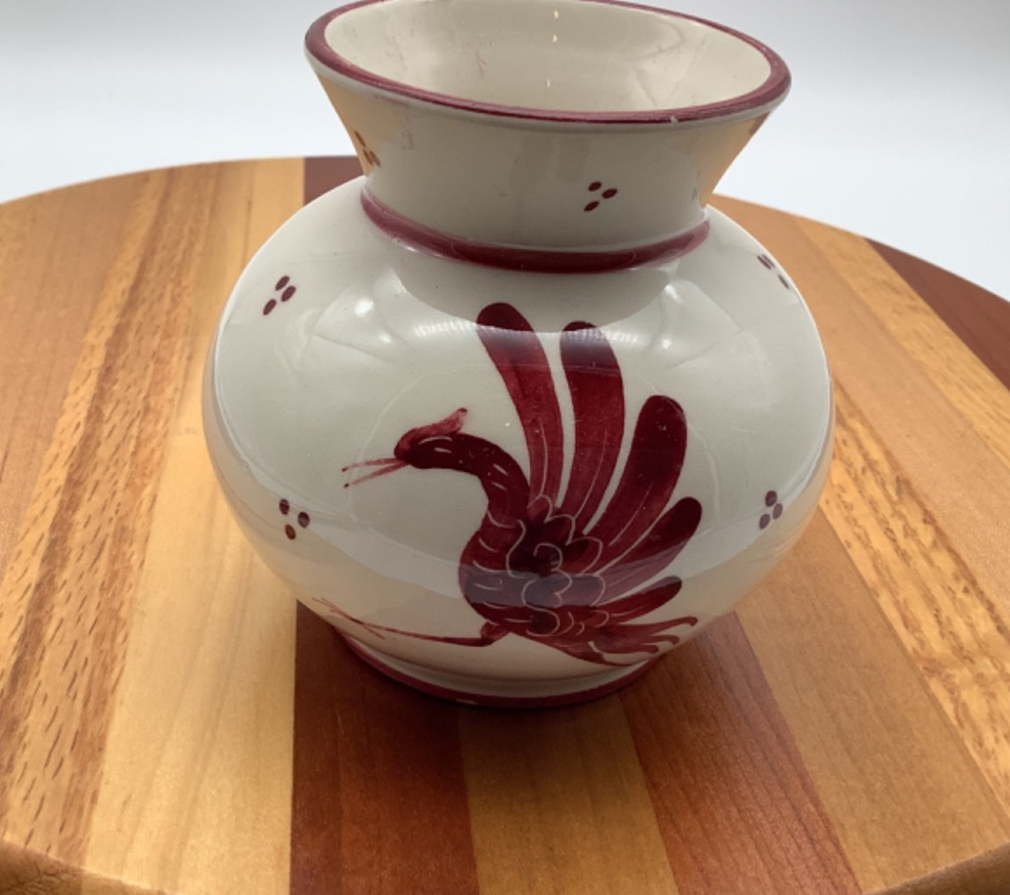 Vintage Small Red Peacock Pottery Vase Fabrique Gruyere Switzerland
