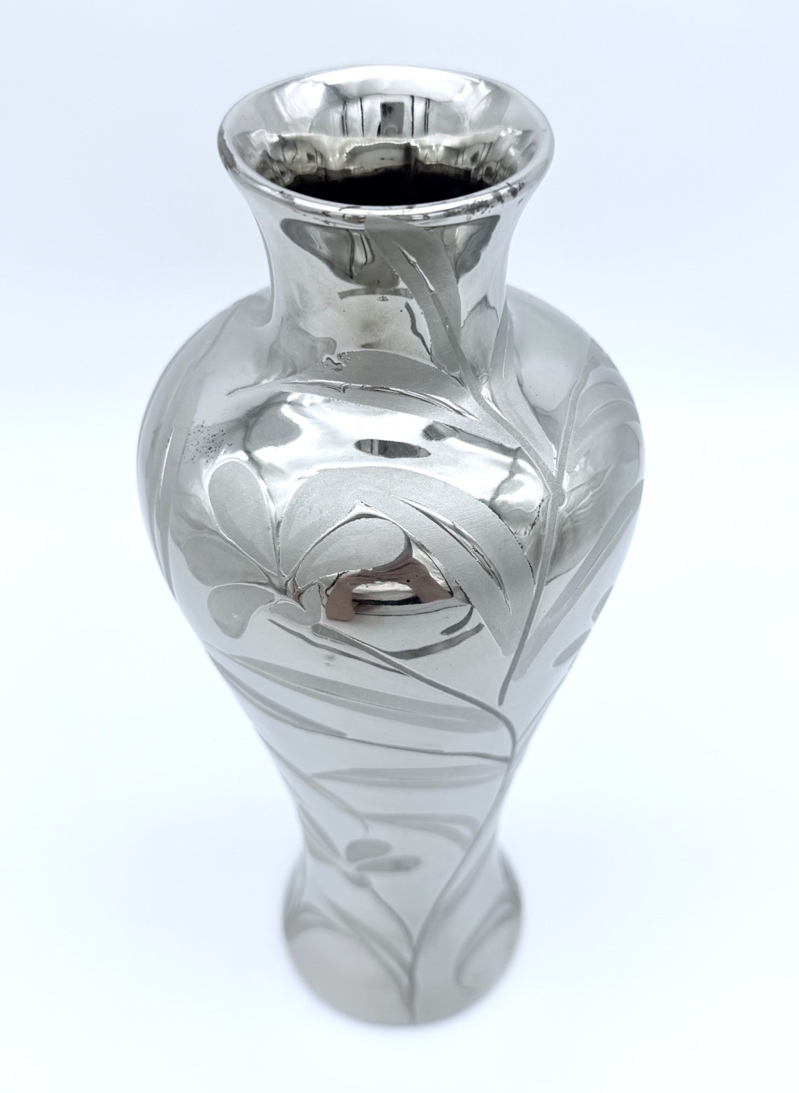 Art Nouveau Silver / Pewter Overlay Glass Vase 11.75″ Tall Floral Motif Unmarked