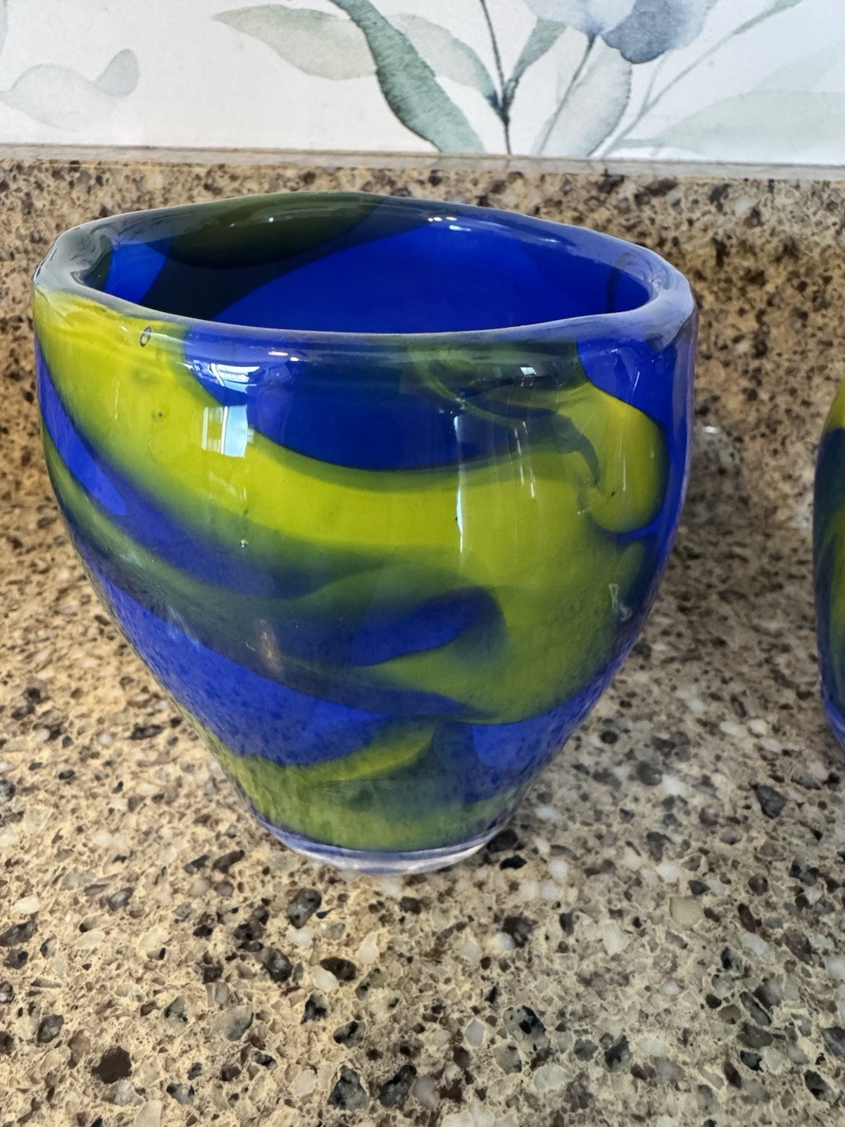 Cary Ferguson 2007 Signed Art Glass Tumblers Blue Chartreuse Swirl Votives Pair