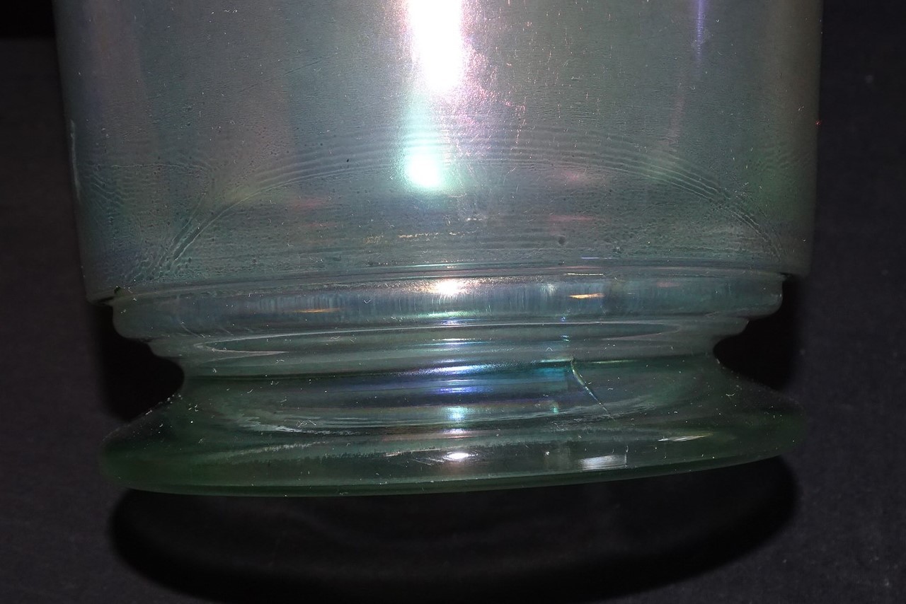 U.S. Glass USA Crystal #179 Iridescent Stretch Glass Rolled Rim Vase 5″