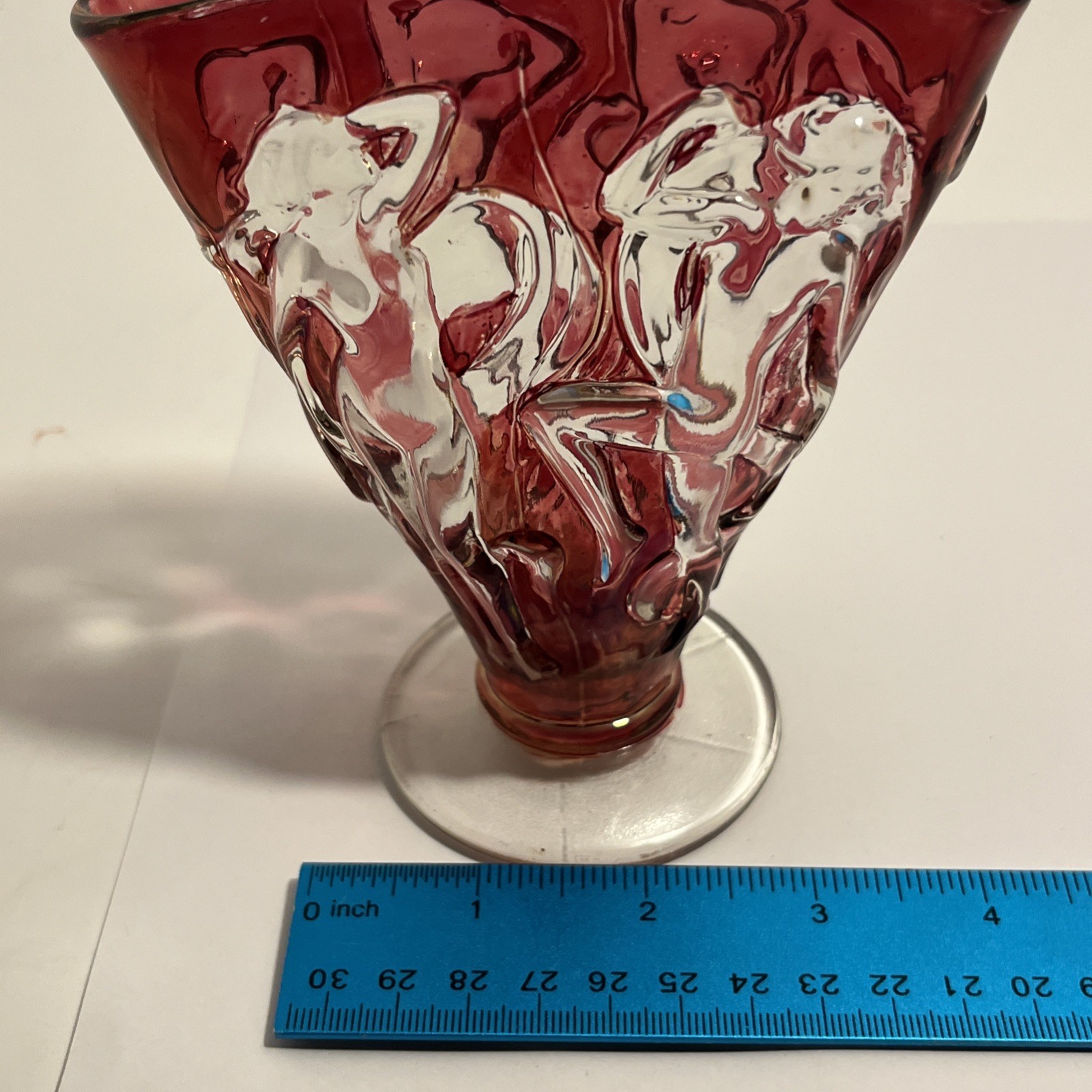 Art Deco Dancing Nymph Pattern Ruby Flash Glass Fan Vase Vintage Lamp & Glass Co