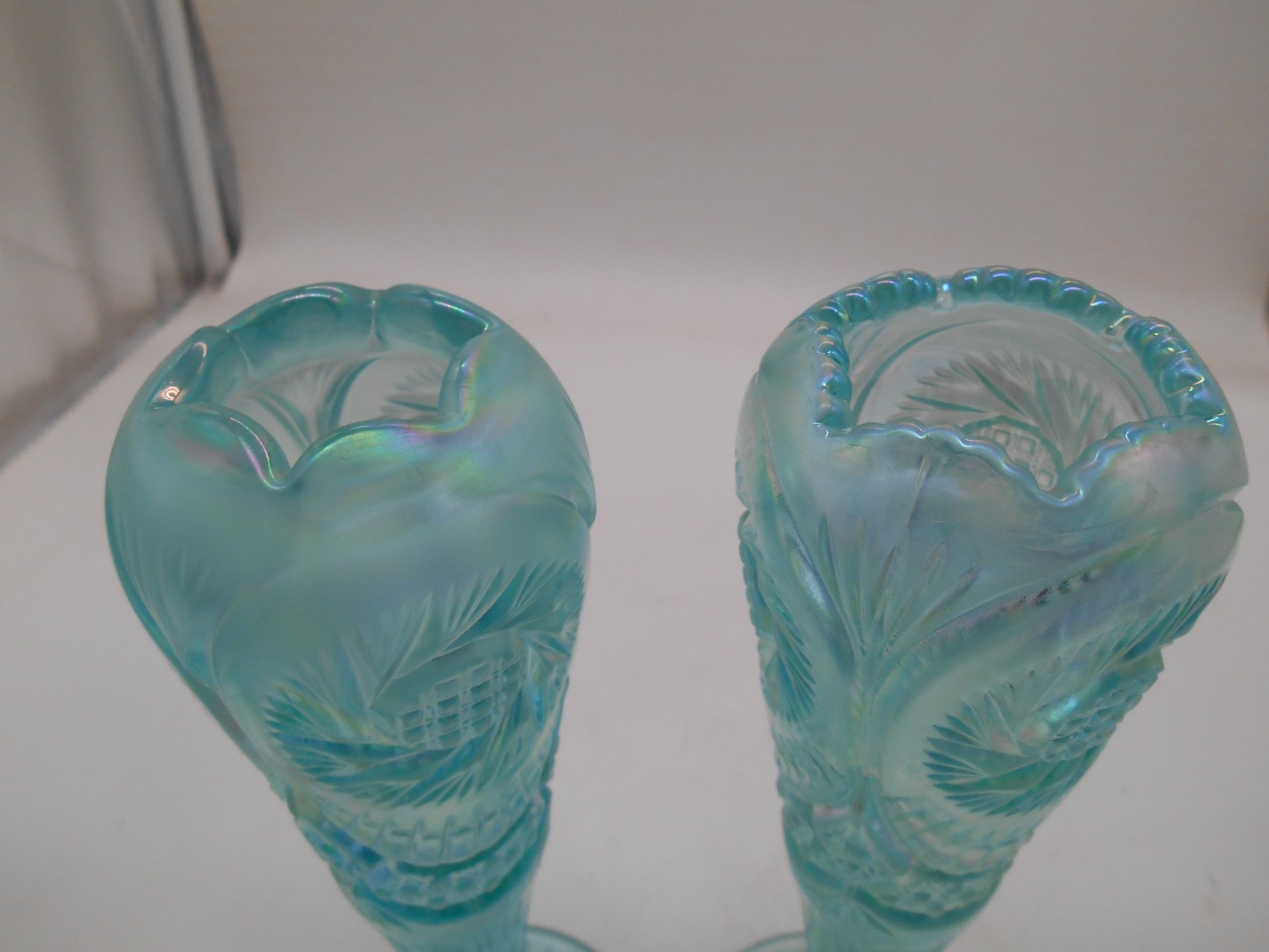 Pair of Fenton 95th Anniversary Aqua Opalescent Pinwheel 8.25″ Vases w/tags
