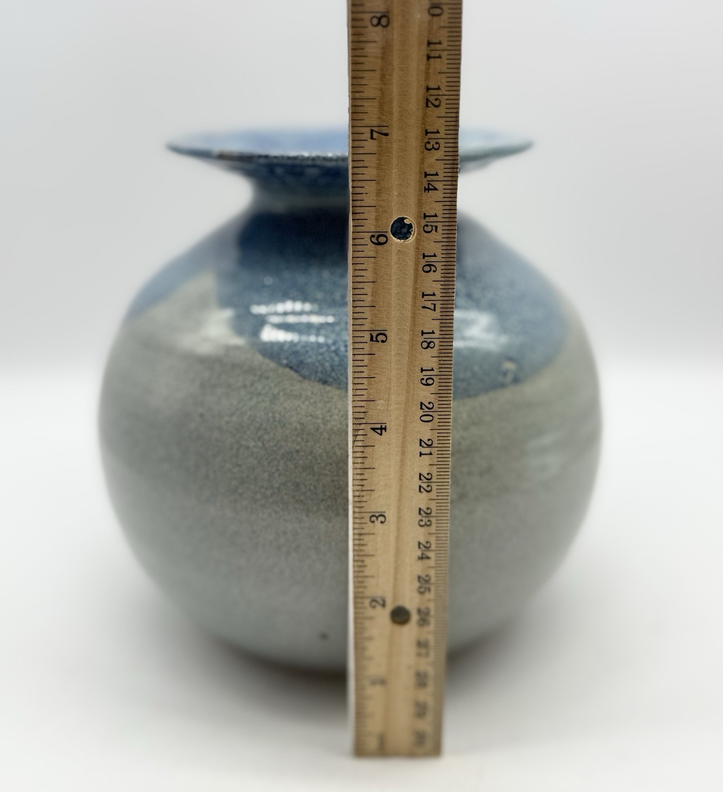 Blue & White Studio Pottery Vase, Round with wide brim signed, Coastal decor