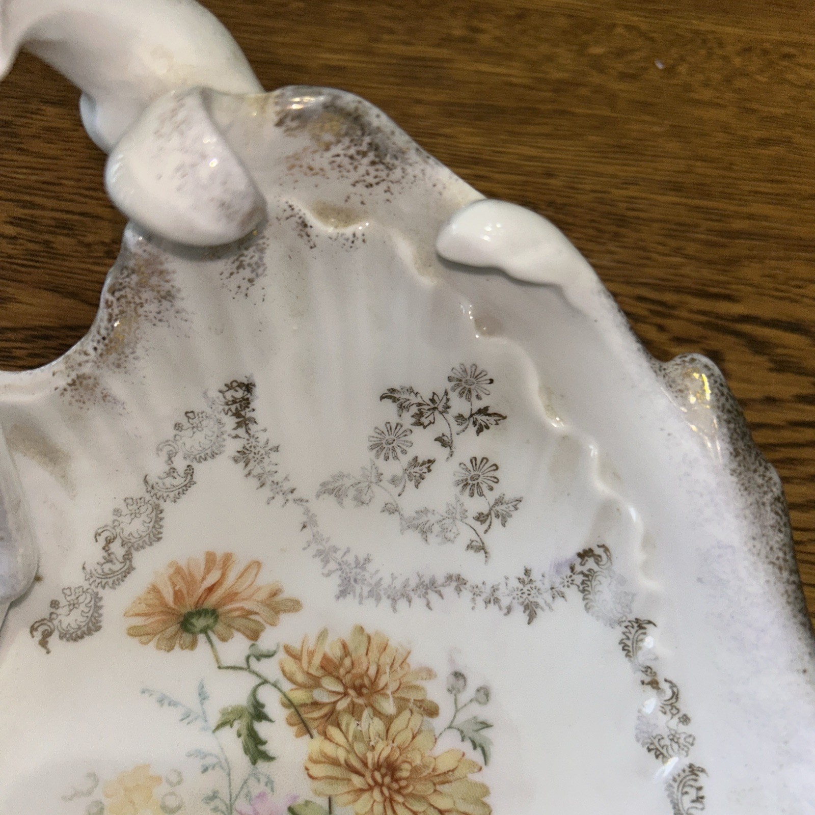 Antique Carl Tielsh CT Germany scalloped porcelain bowl 11×9” Floral Gold Handle
