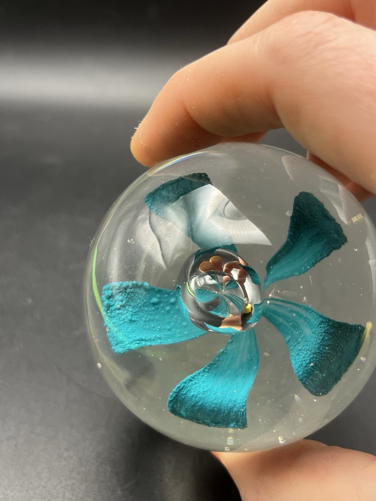Teal Blue Round Hand Blown Glass Art Paperweight Flower Controlled Bubble 2.5 in