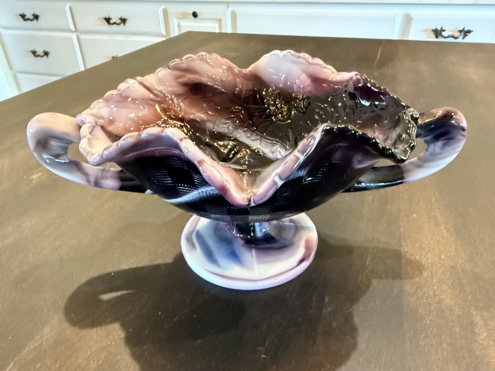 Fenton Footed Compote Handled Bowl Purple and White Slag Glass 9″ 1980s RARE EUC