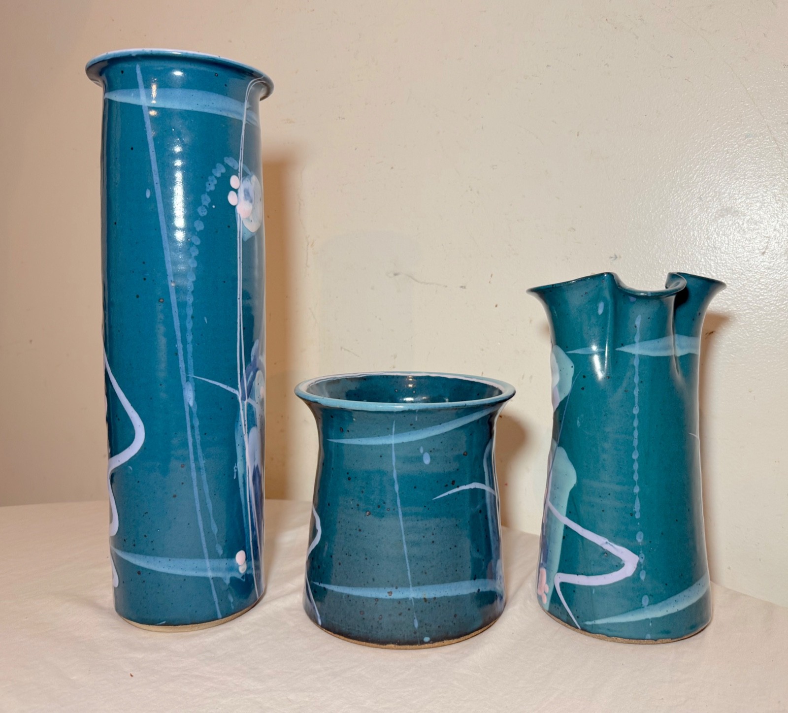 3 American Mark Chamberlain Cosmic Deco Handmade Pottery Studio Vase Pitcher
