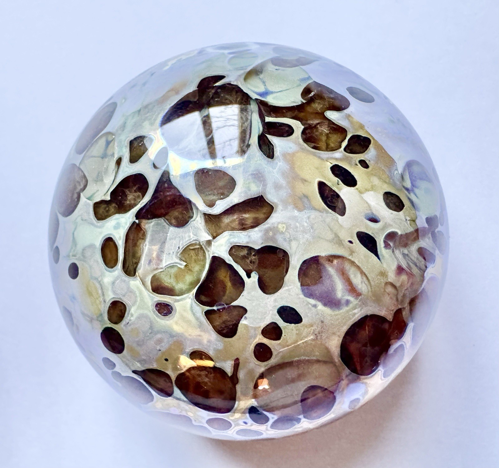 Vintage Iridescent Spotted Blown Art Glass Paperweight Signed Sharon Fujimoto