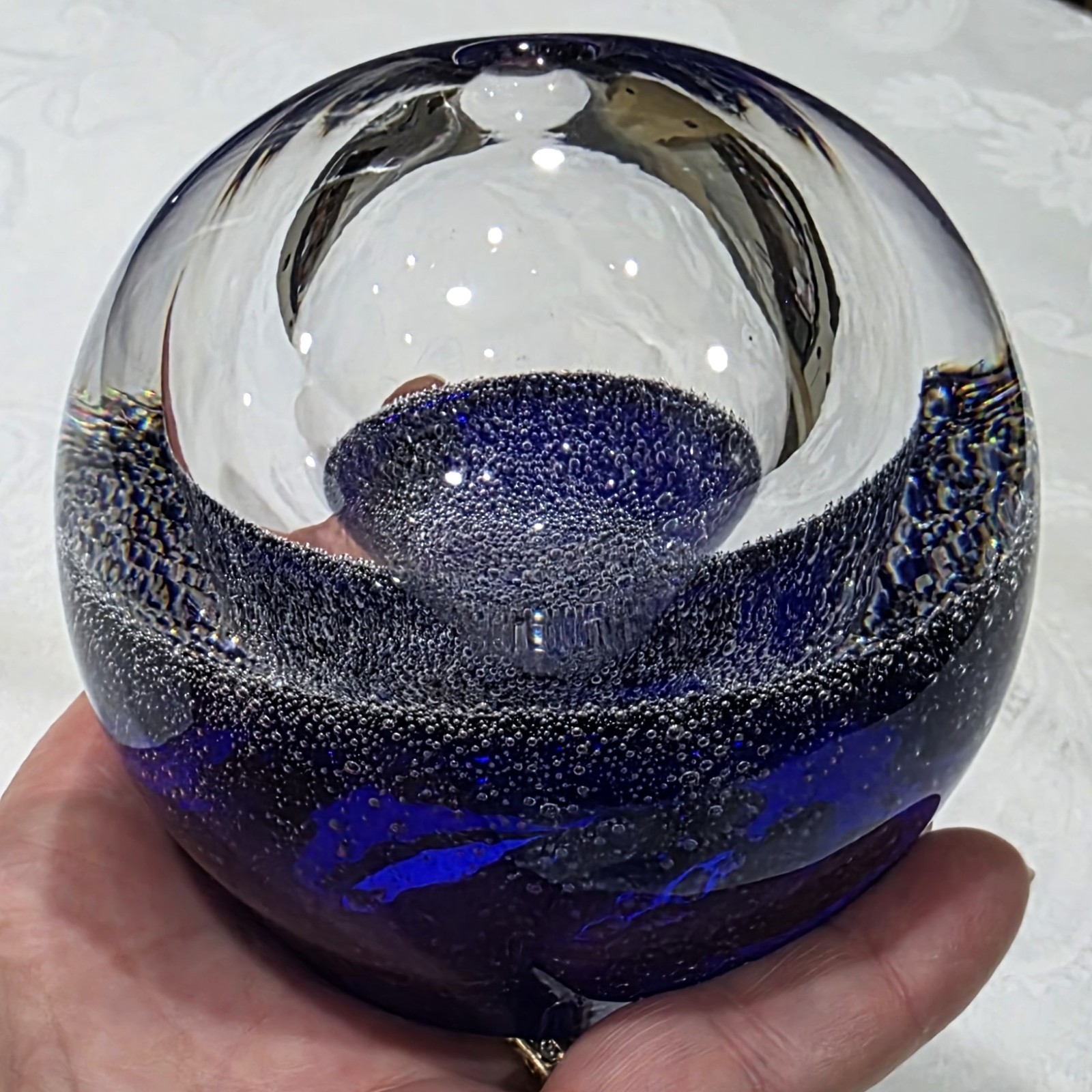 Royal Limited Crystal Poland Cobalt Blue Paperweight Pen Holder Random Bubbles