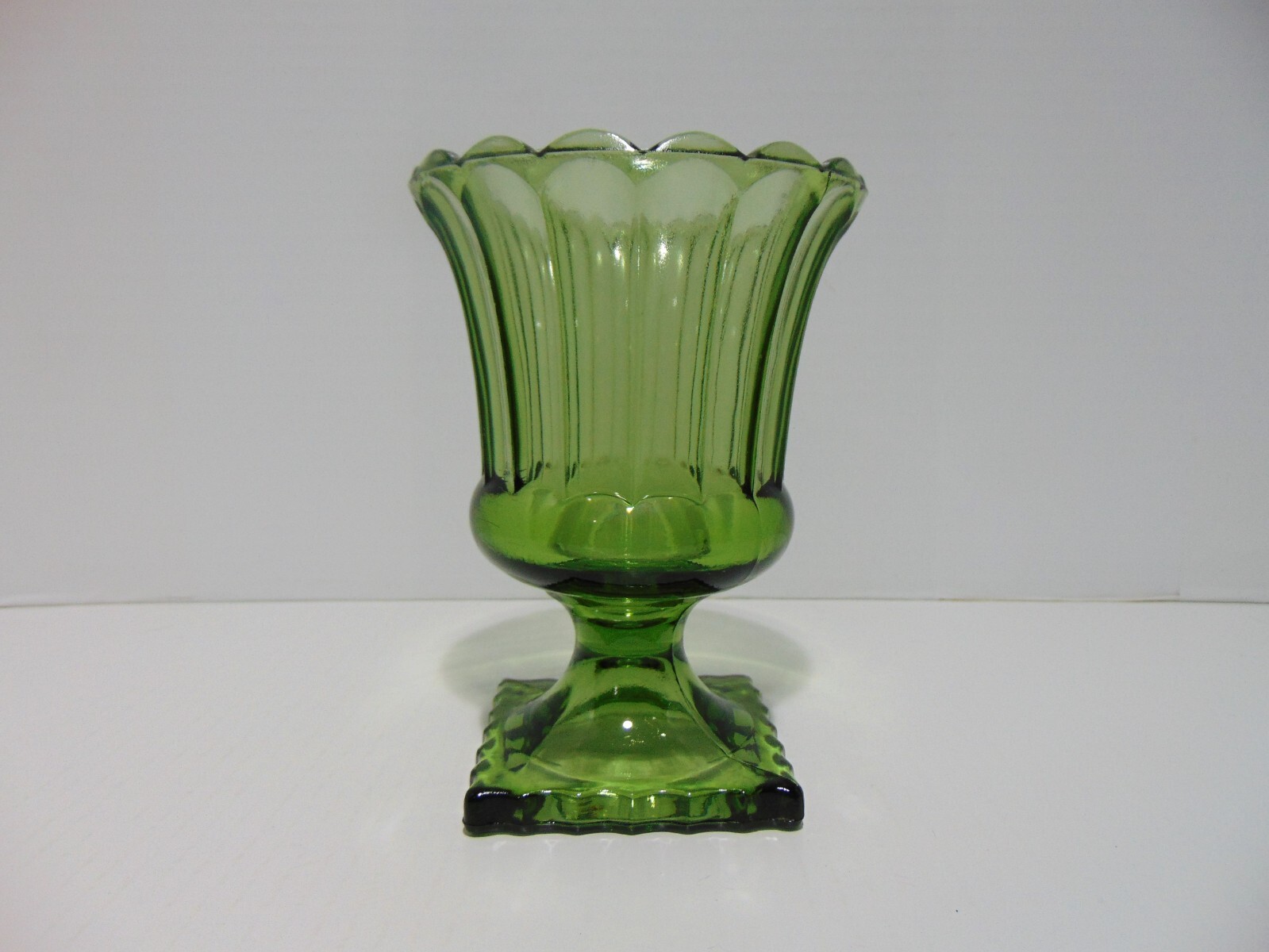 Continental Can Company Glass Vase Urn Round Ribbed Scalloped Edge Square Footed
