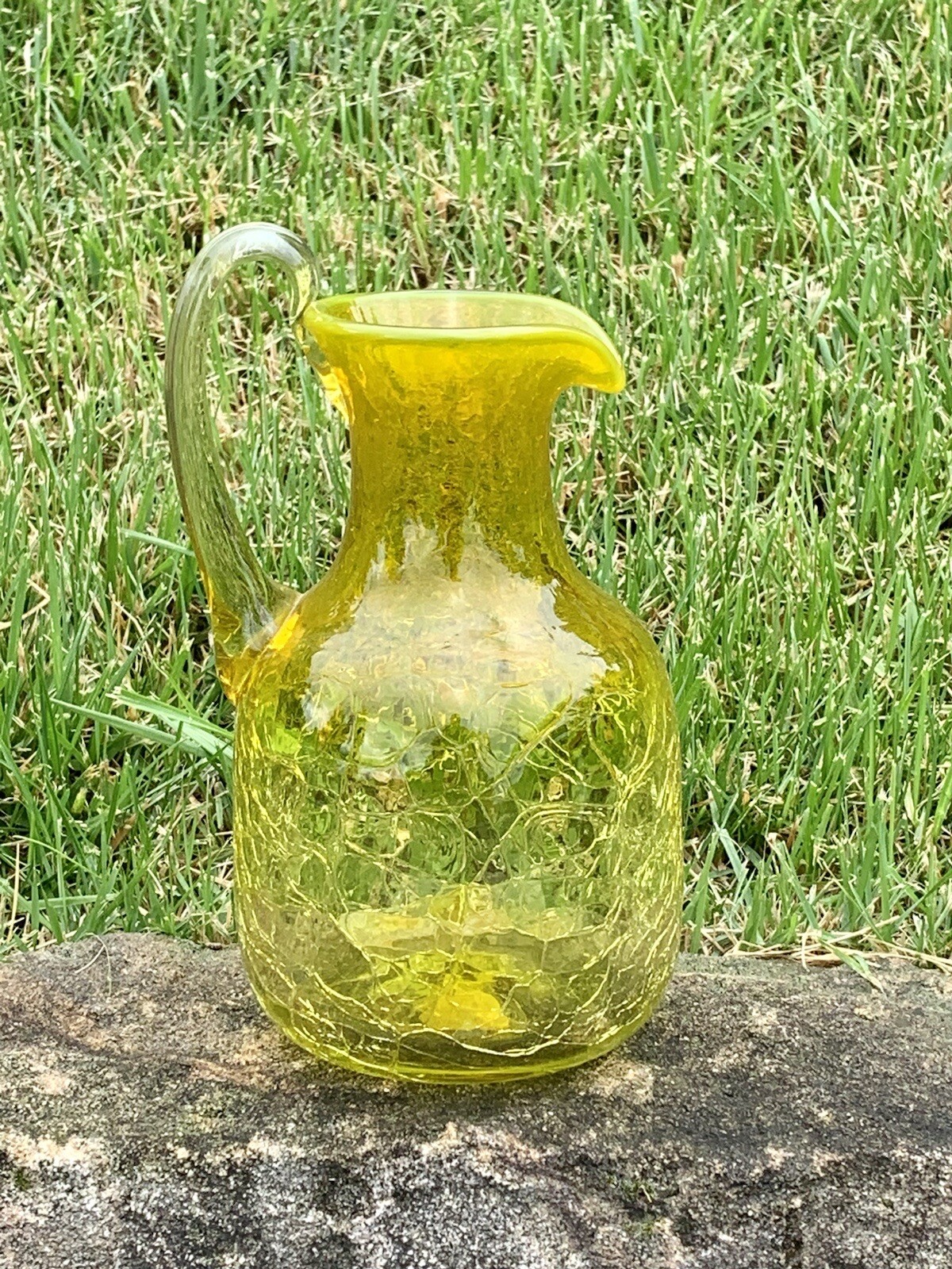 BLENKO Yellow CRACKLE GLASS Pitcher ~ 9″ Size NICE!