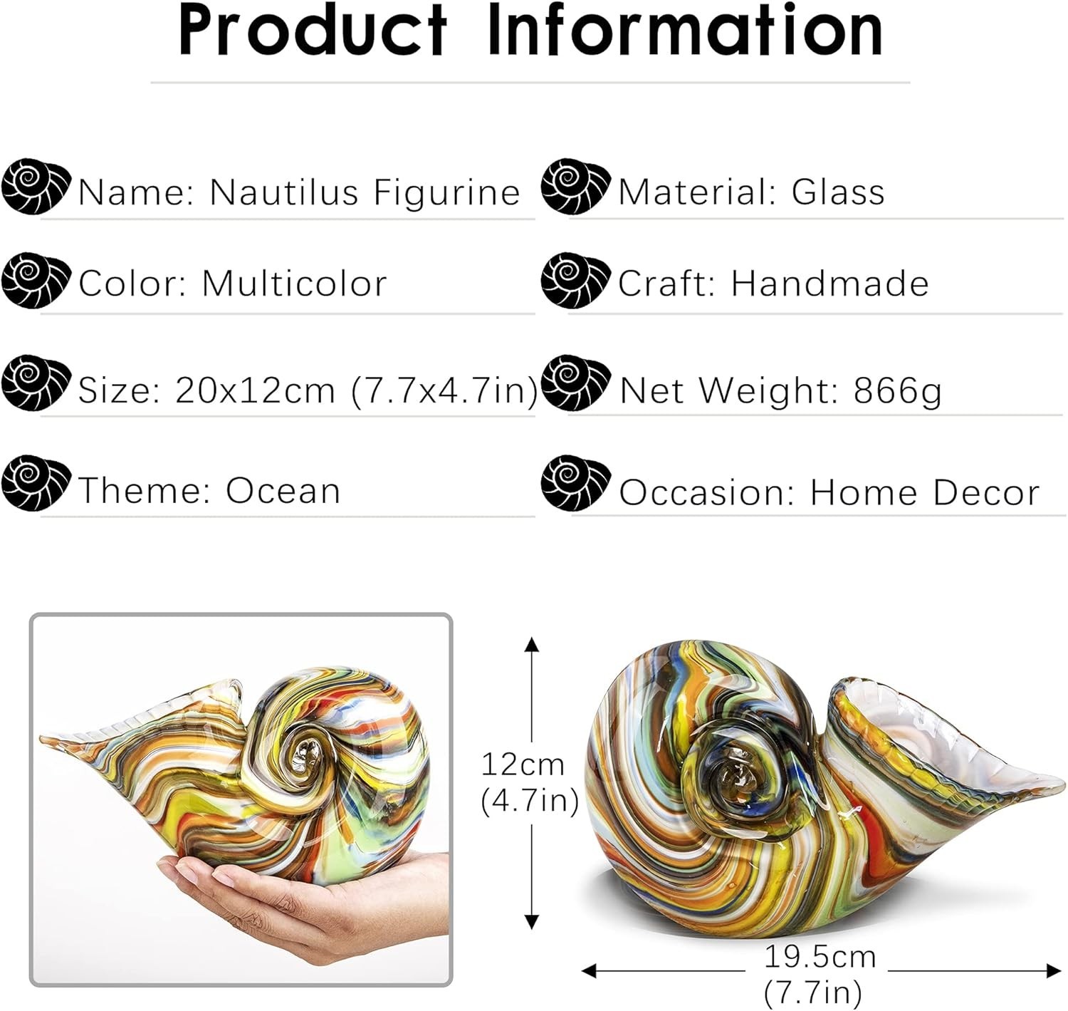 Glass Nautilus Conch Figurines, Hand Blown Seashell Art, Multicolor Glass Sculpt